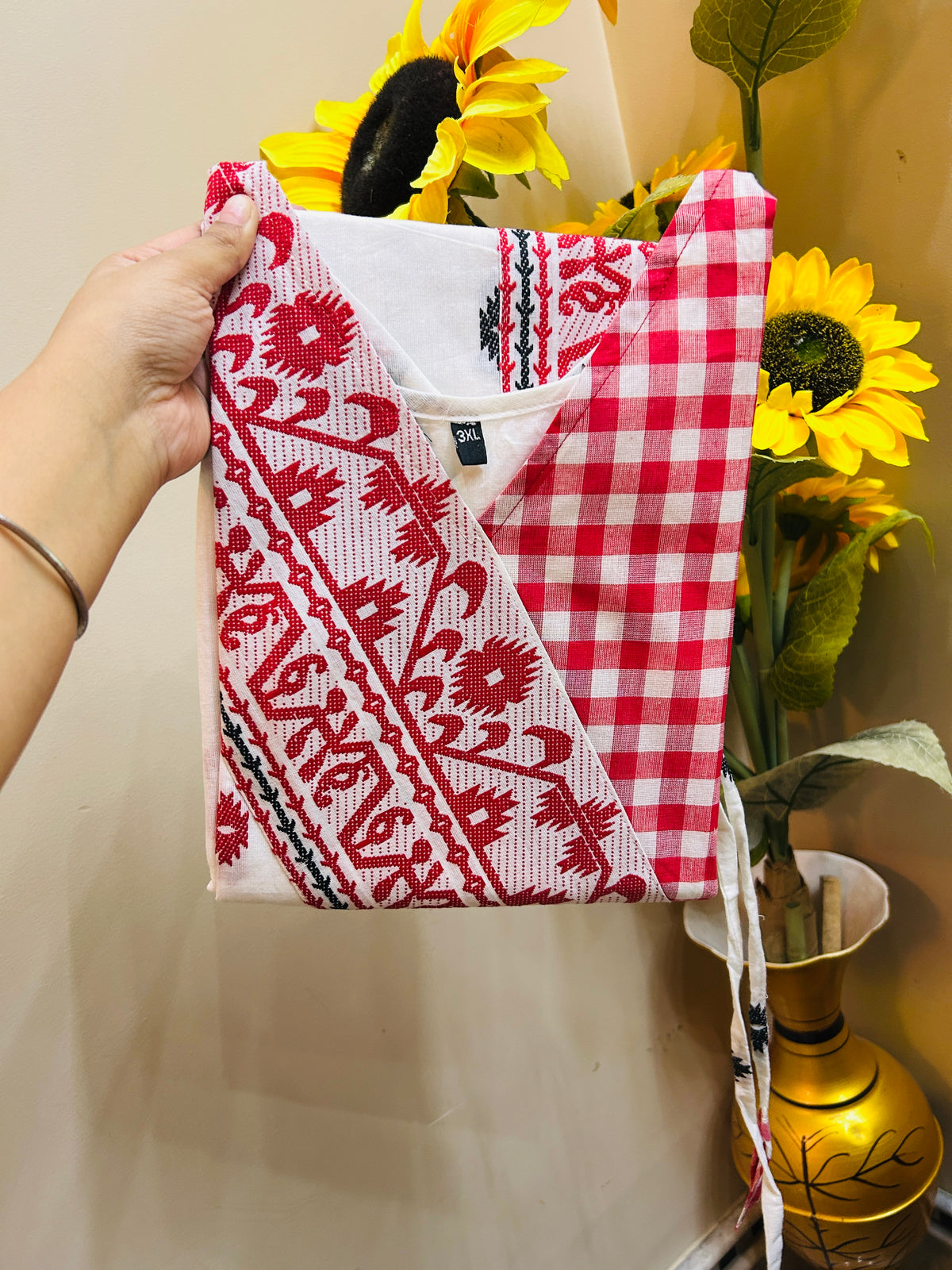 Handloom Cotton Angrakha Kurta with Jamdani Border & Gingham Contrast
