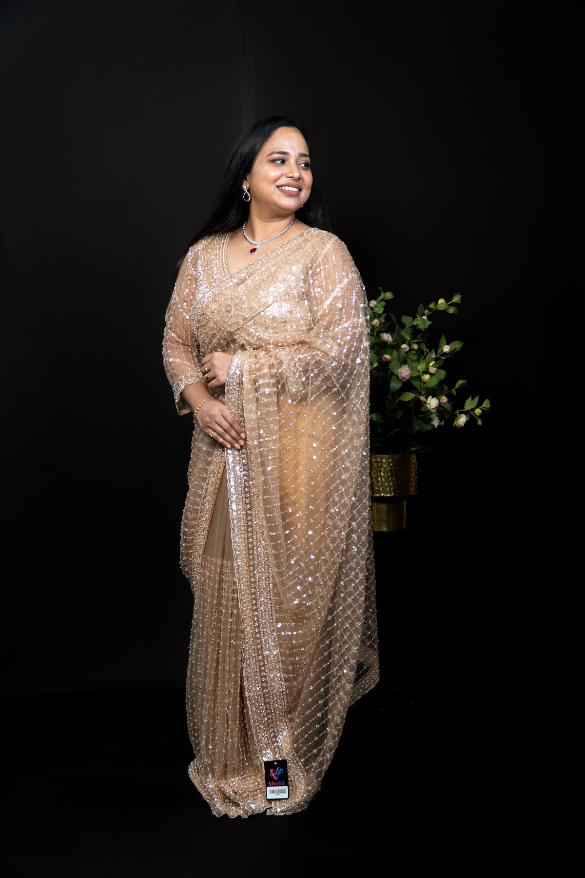 Sequin Embroidered Silk Saree with Stitched Blouse