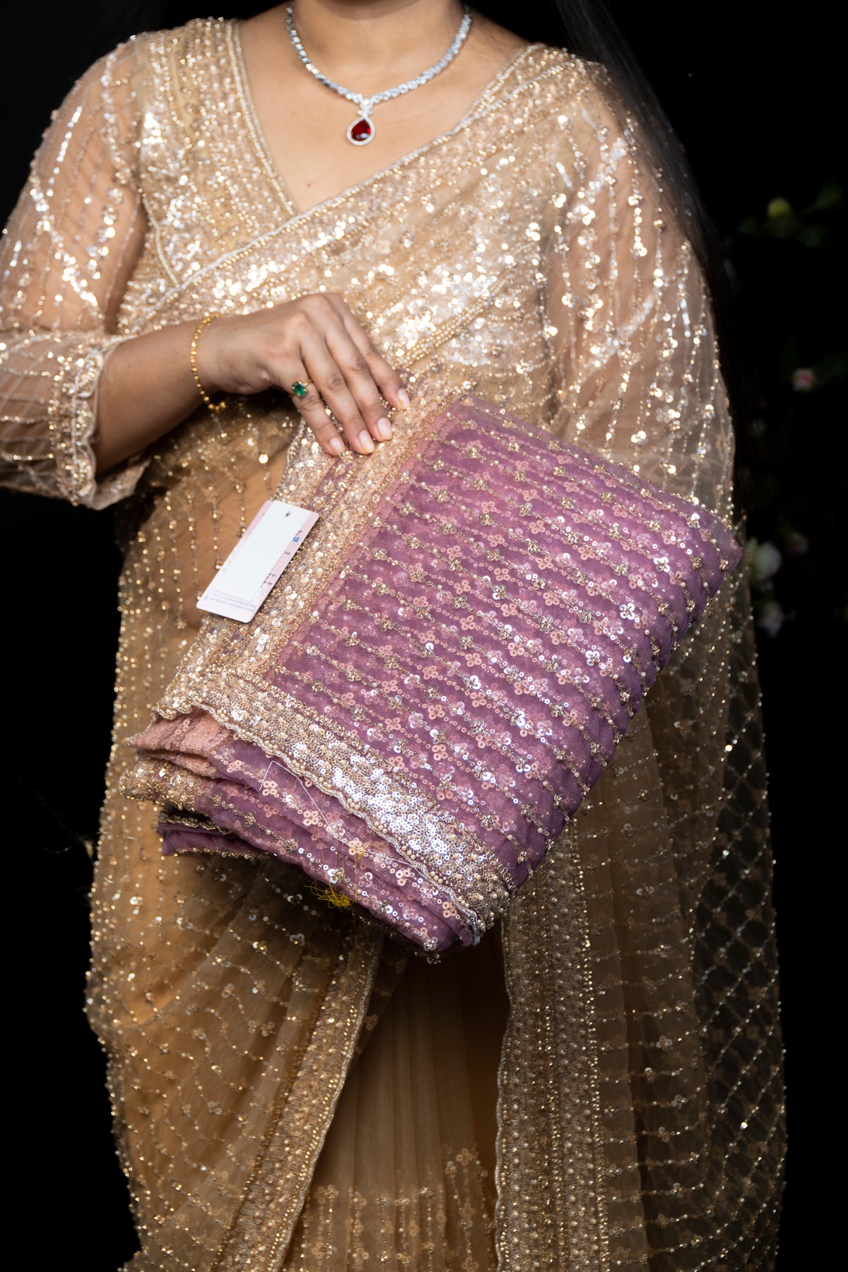 Sequin Embroidered Silk Saree with Stitched Blouse