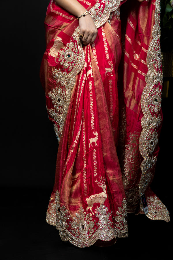 Heavy Embroidered Silk Saree with Zardozi Scalloped Border