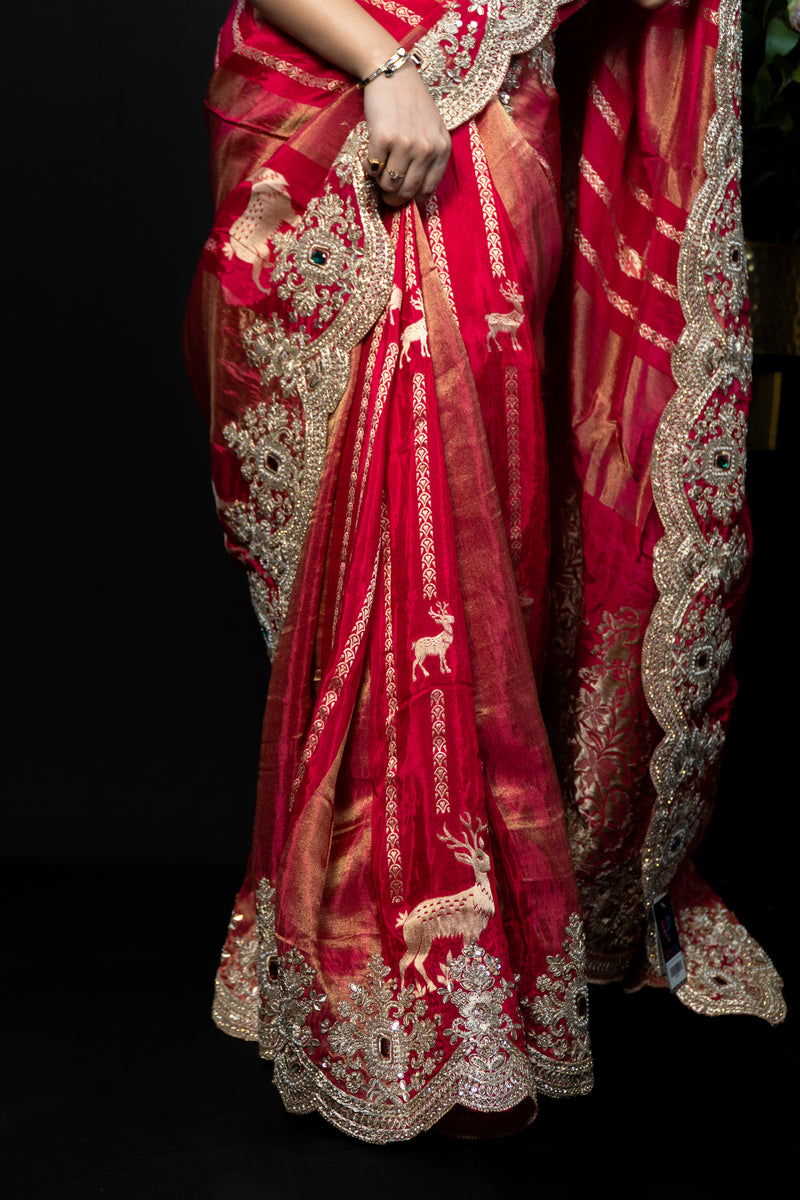 Heavy Embroidered Silk Saree with Zardozi Scalloped Border