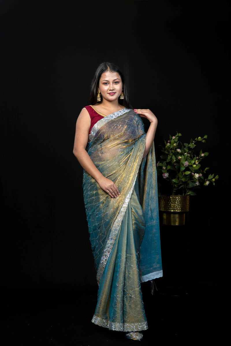Dual Tone Jimmy choo Silk Saree with stone Border & stone Work Allover | Traditional Party Wear Saree Collection