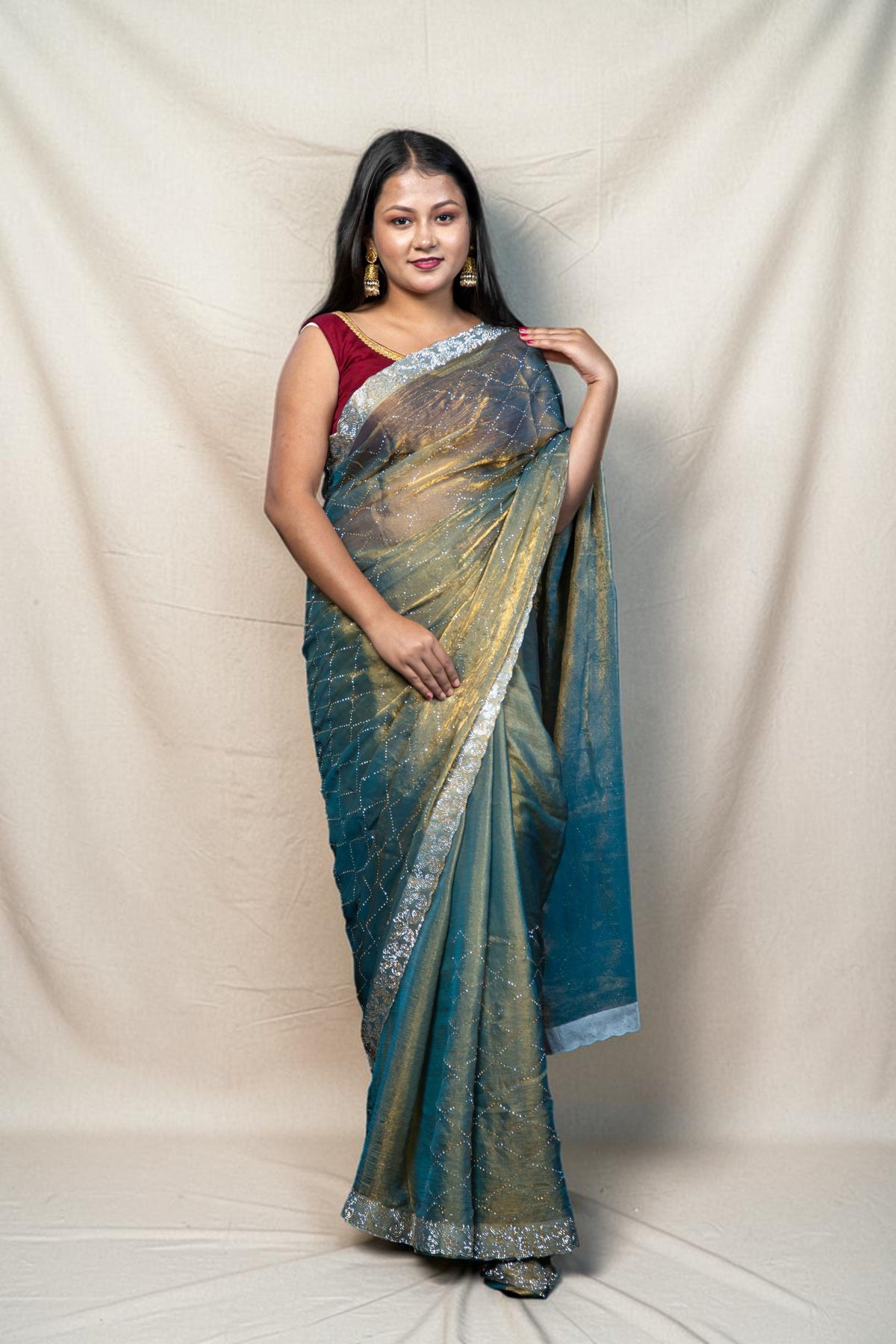 Dual Tone Jimmy choo Silk Saree with stone Border & stone Work Allover | Traditional Party Wear Saree Collection
