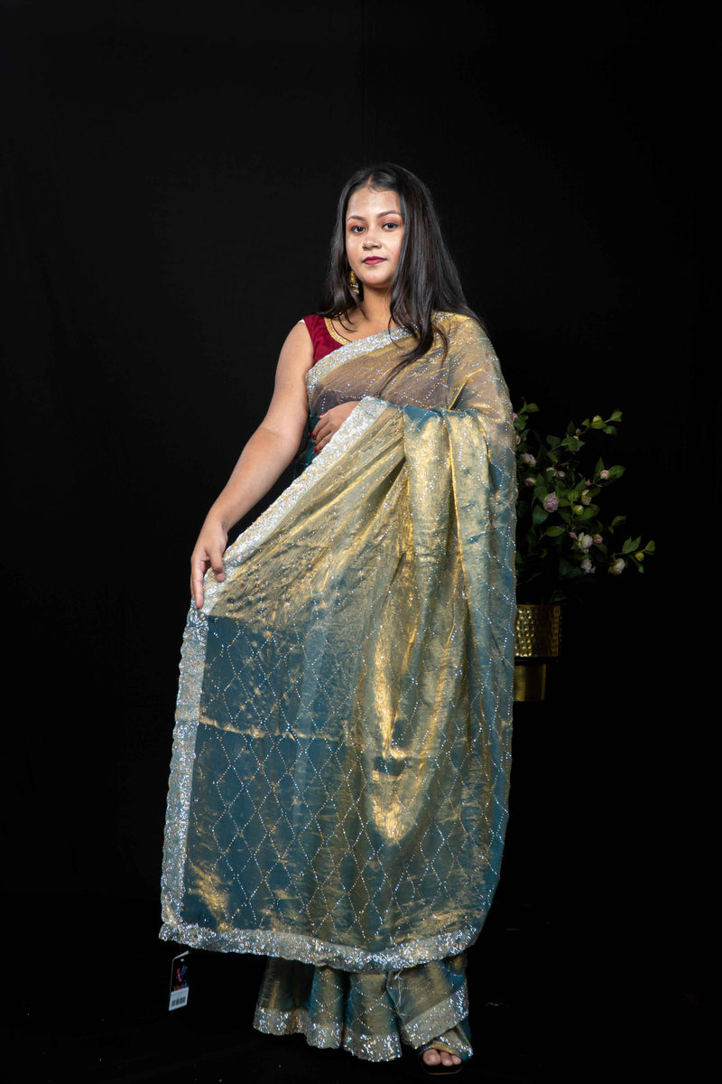 Dual Tone Jimmy choo Silk Saree with stone Border & stone Work Allover | Traditional Party Wear Saree Collection