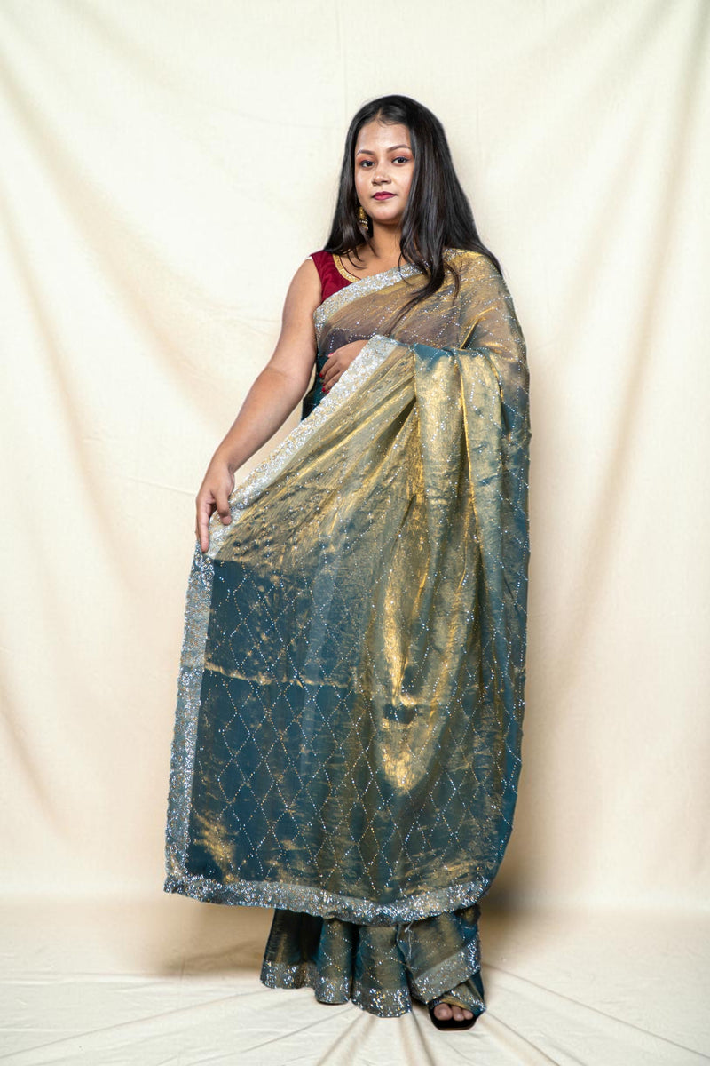 Dual Tone Jimmy choo Silk Saree with stone Border & stone Work Allover | Traditional Party Wear Saree Collection