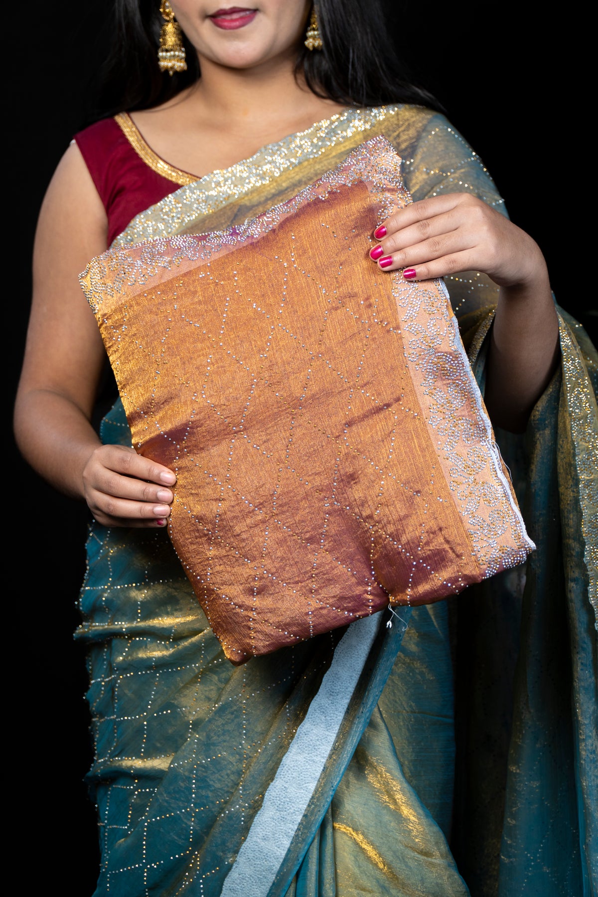 Dual Tone Jimmy choo Silk Saree with stone Border & stone Work Allover | Traditional Party Wear Saree Collection