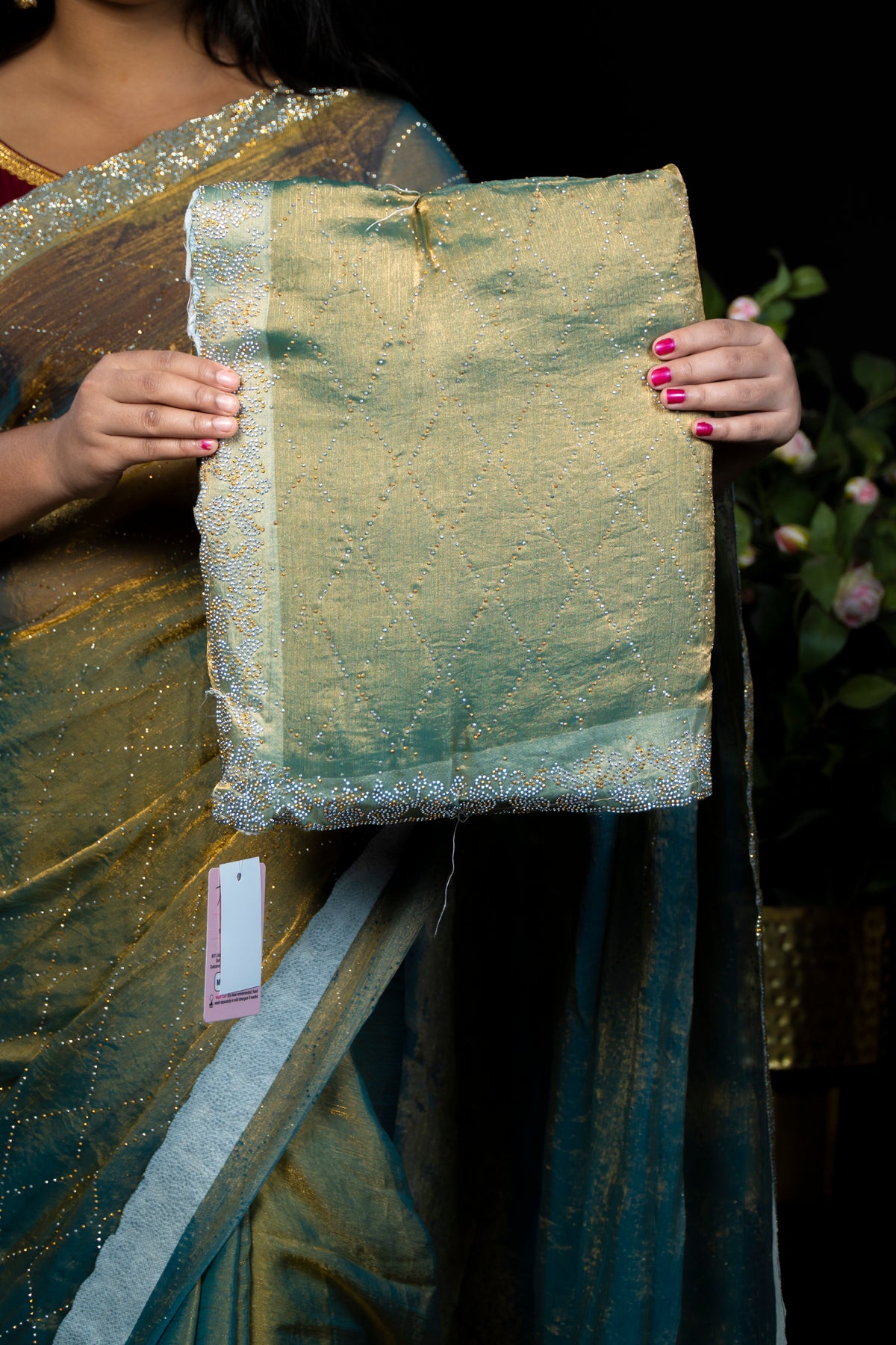Dual Tone Jimmy choo Silk Saree with stone Border & stone Work Allover | Traditional Party Wear Saree Collection