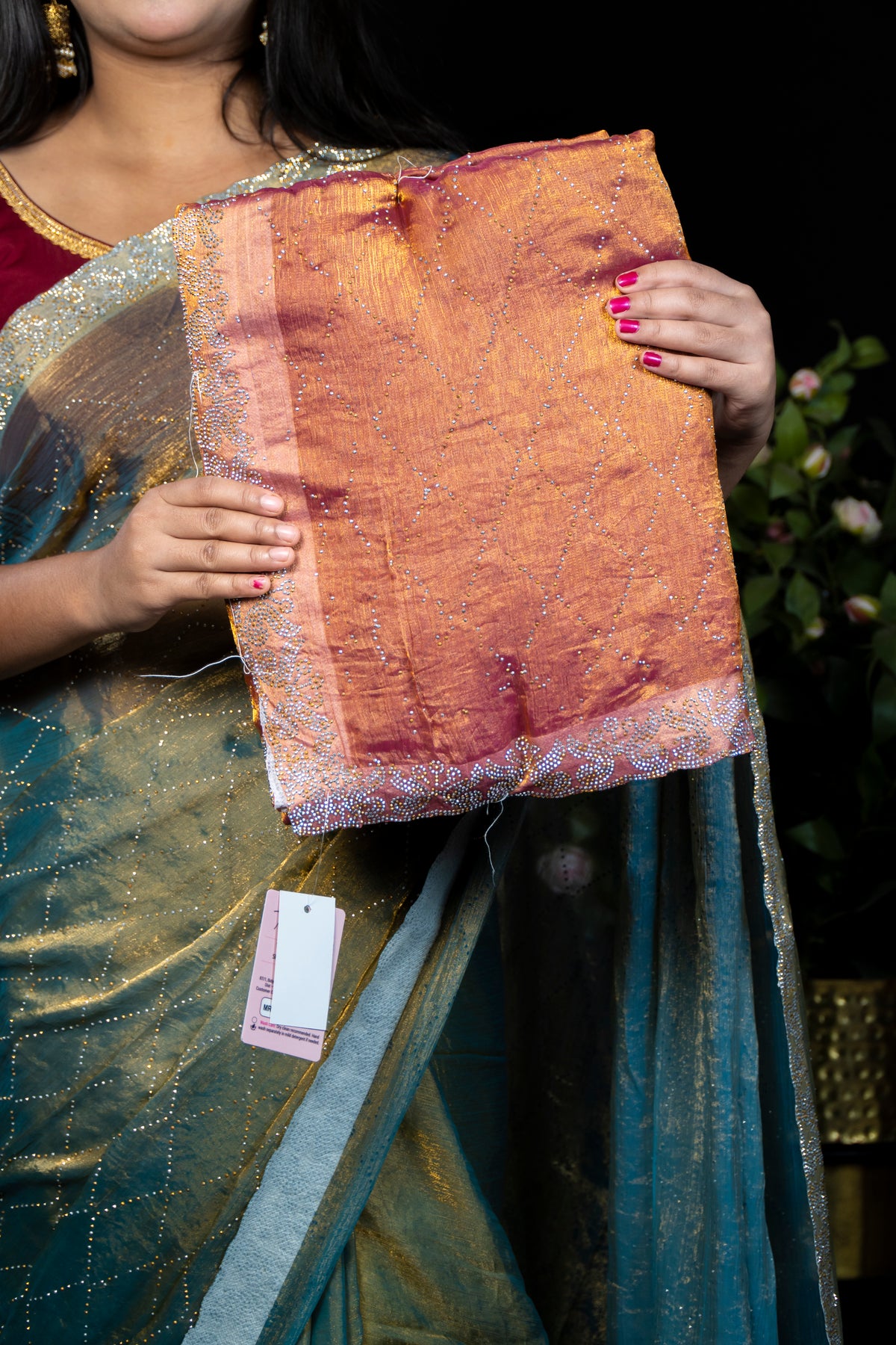 Dual Tone Jimmy choo Silk Saree with stone Border & stone Work Allover | Traditional Party Wear Saree Collection