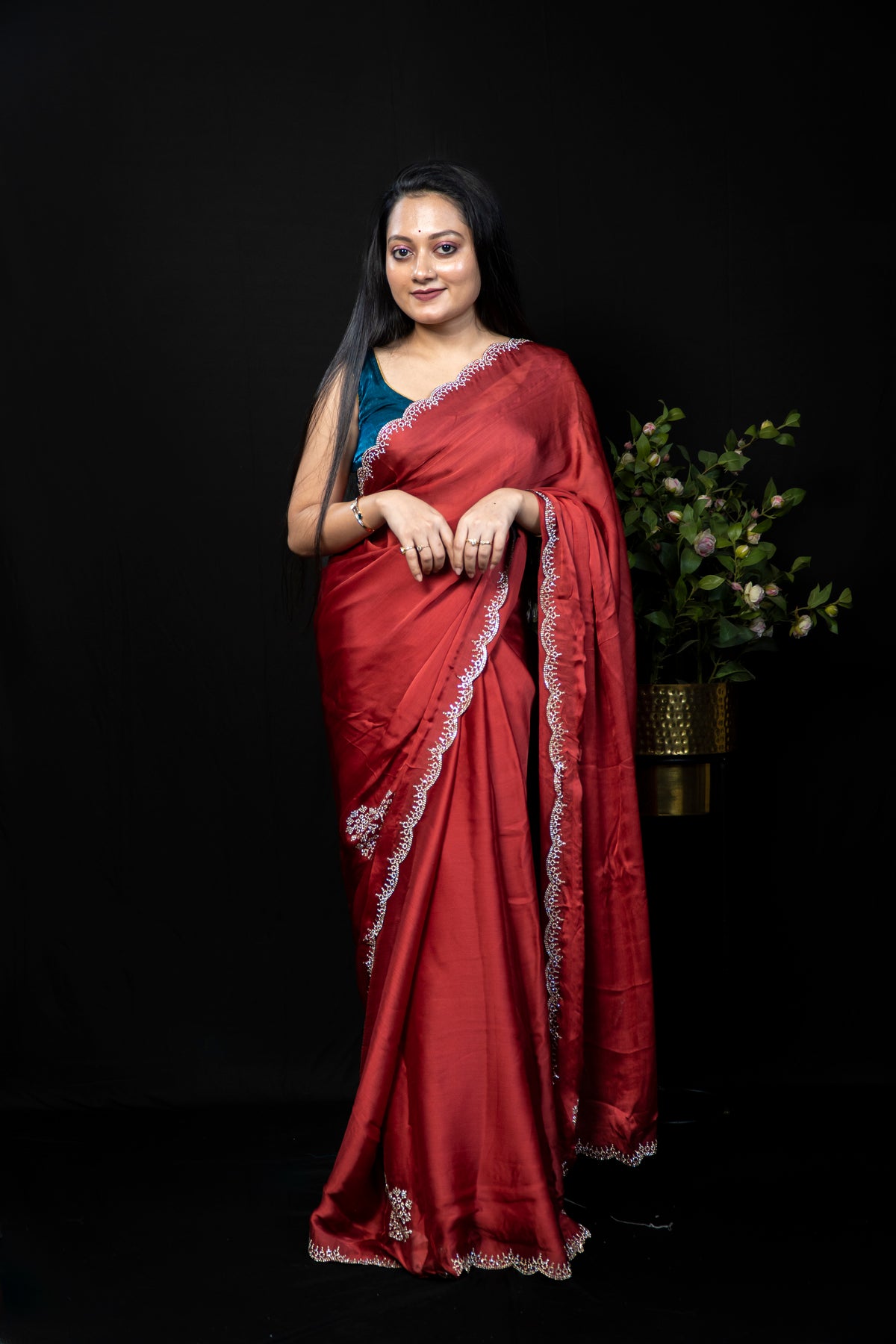 Festive Silk Saree with Floral Applique Bootis & Scalloped stone Border | Party Wear Saree