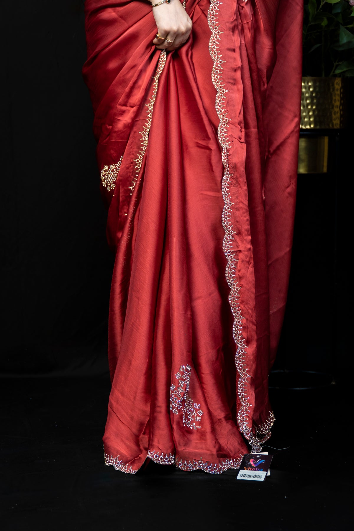 Festive Silk Saree with Floral Applique Bootis & Scalloped stone Border | Party Wear Saree