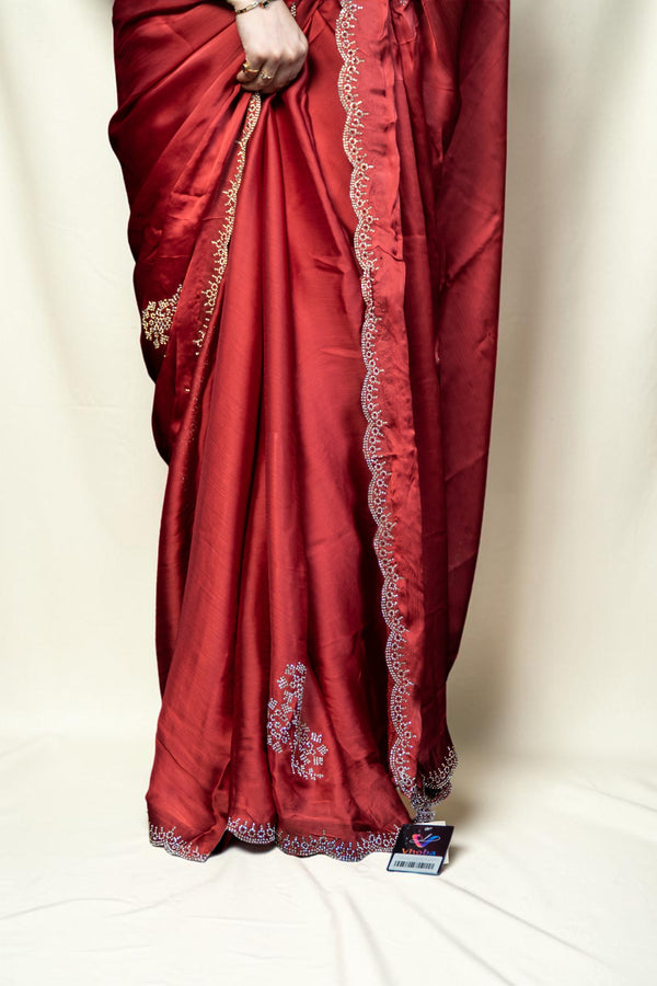 Festive Silk Saree with Floral Applique Bootis & Scalloped stone Border | Party Wear Saree