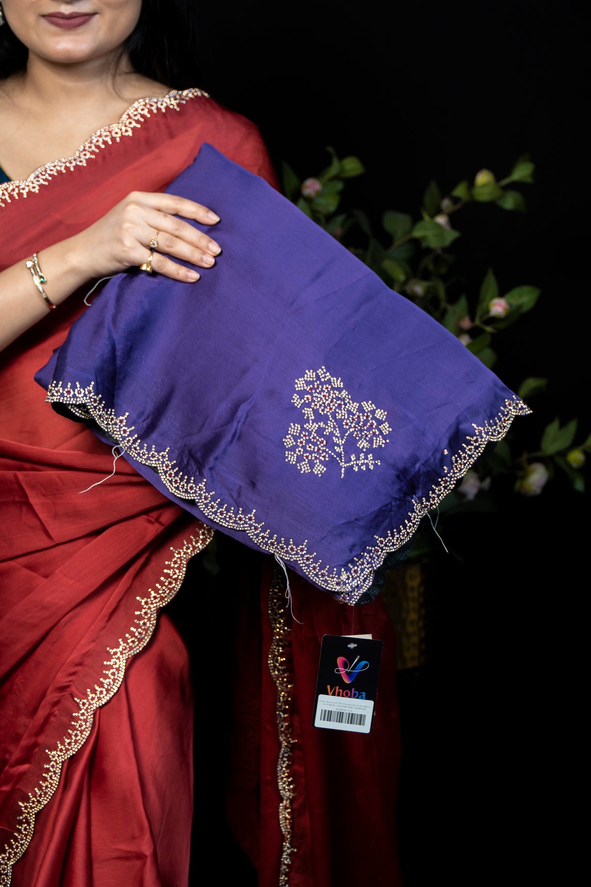 Festive Silk Saree with Floral Applique Bootis & Scalloped stone Border | Party Wear Saree