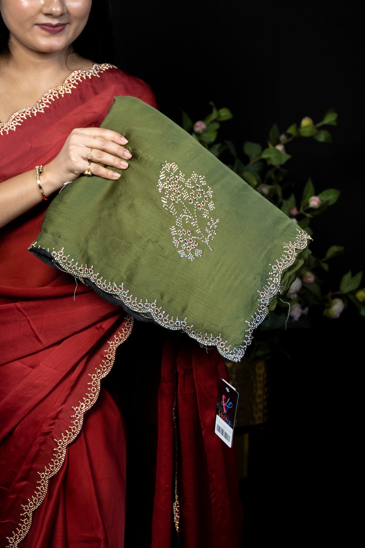 Festive Silk Saree with Floral Applique Bootis & Scalloped stone Border | Party Wear Saree