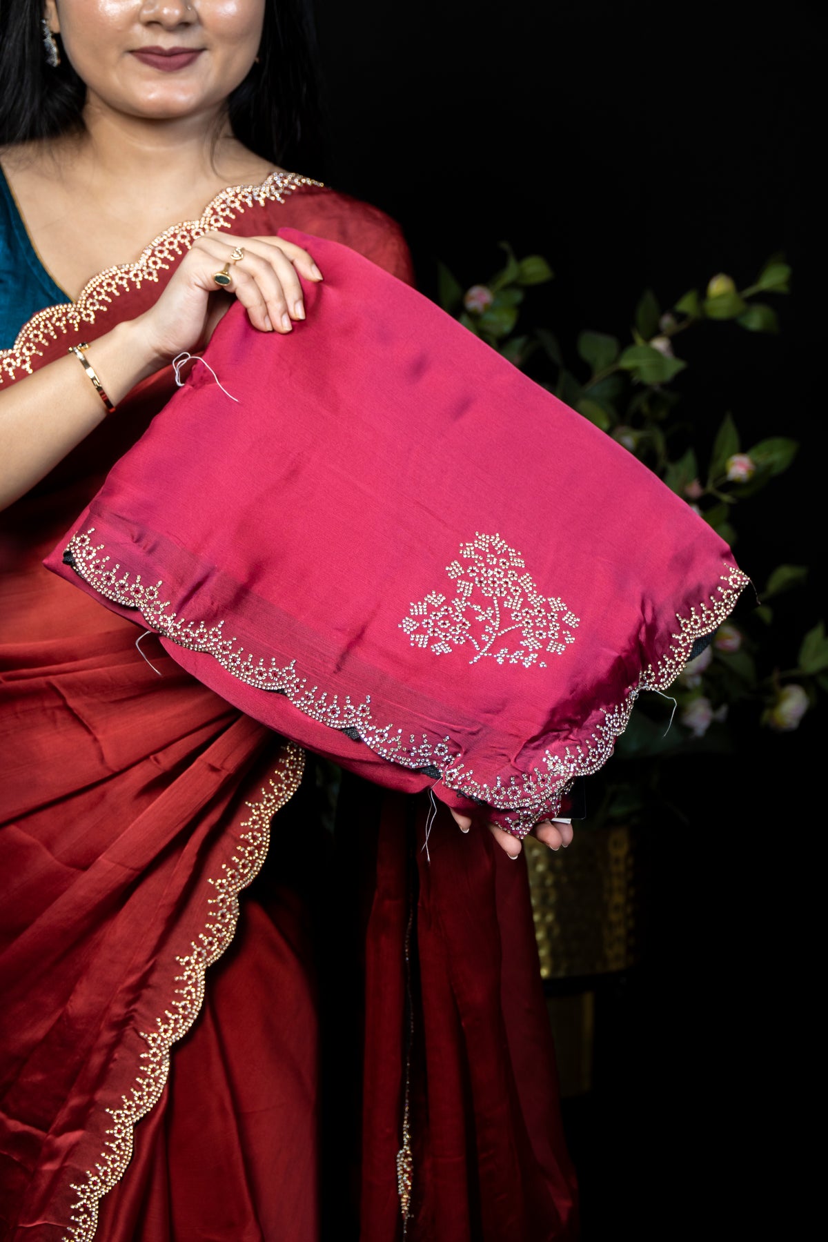 Festive Silk Saree with Floral Applique Bootis & Scalloped stone Border | Party Wear Saree