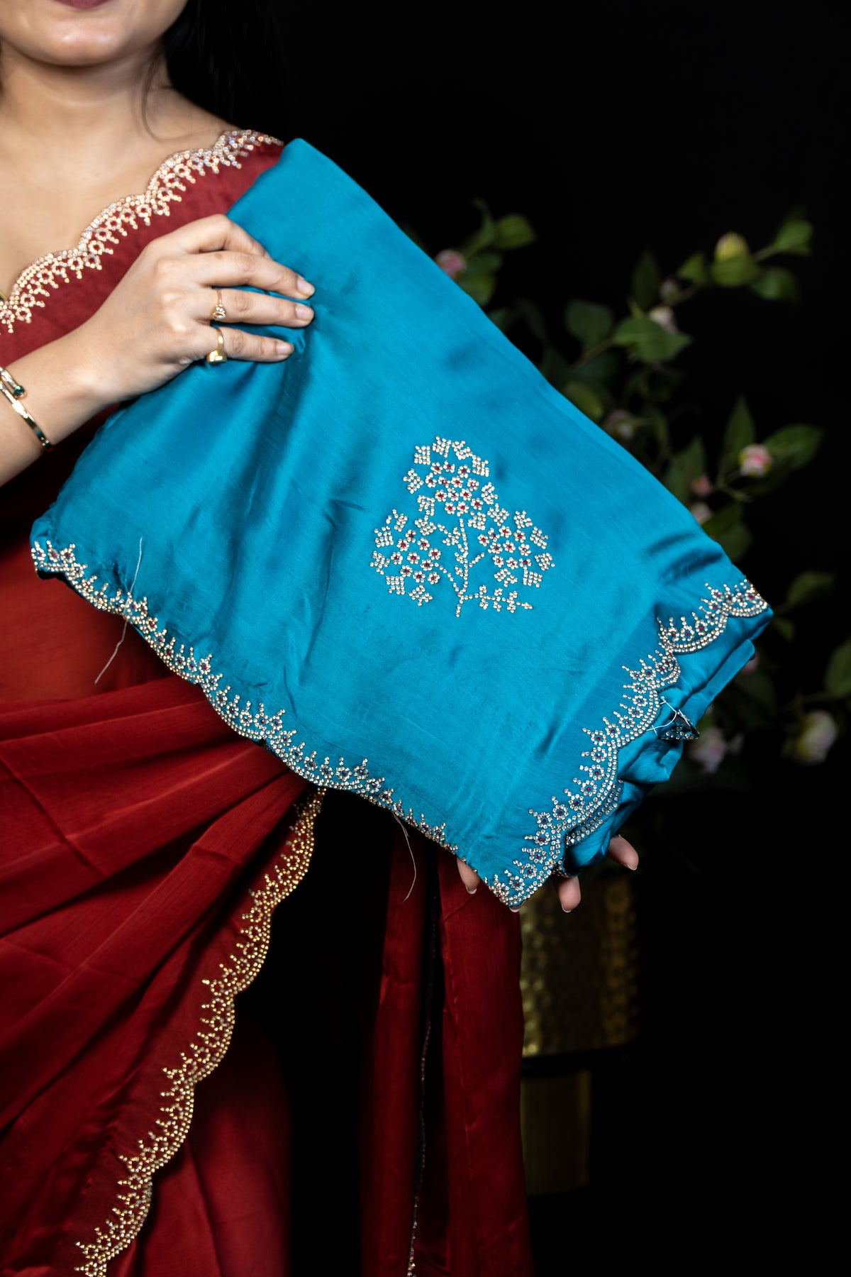 Festive Silk Saree with Floral Applique Bootis & Scalloped stone Border | Party Wear Saree