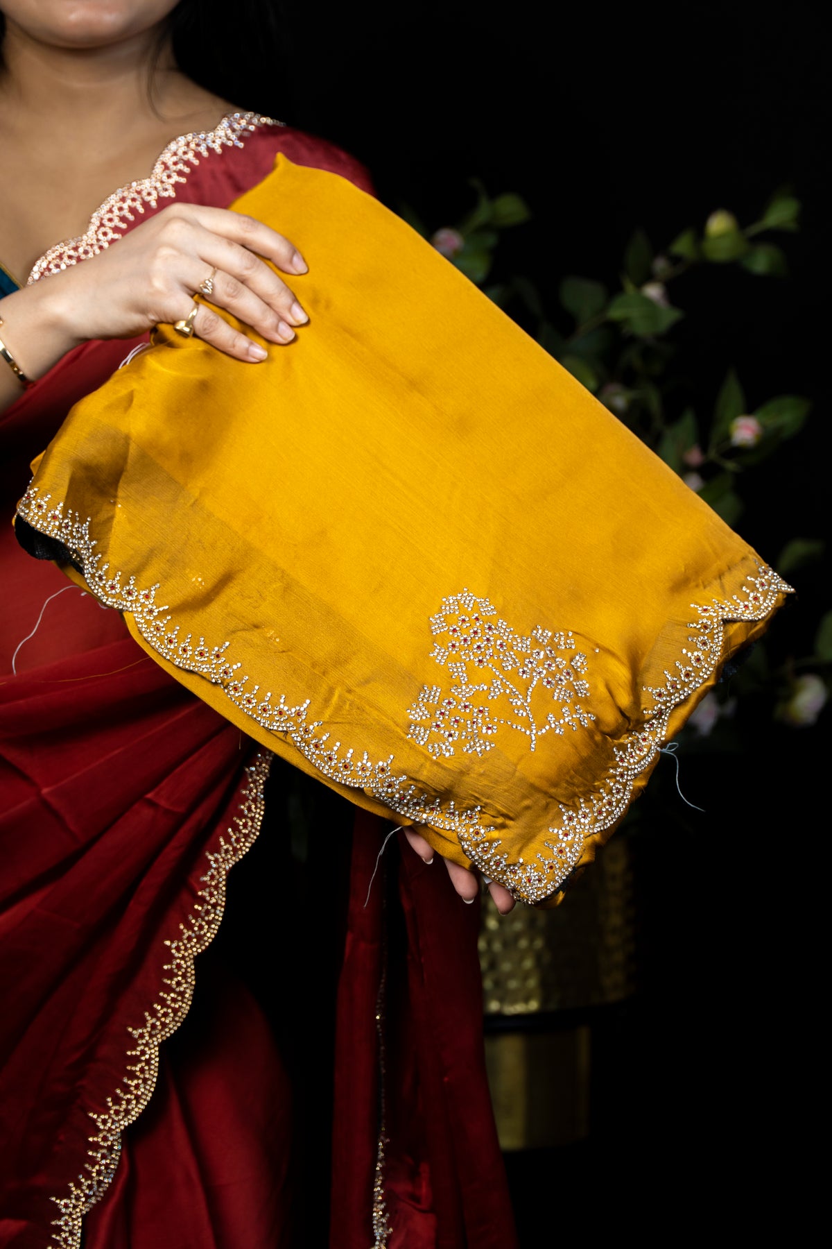 Festive Silk Saree with Floral Applique Bootis & Scalloped stone Border | Party Wear Saree