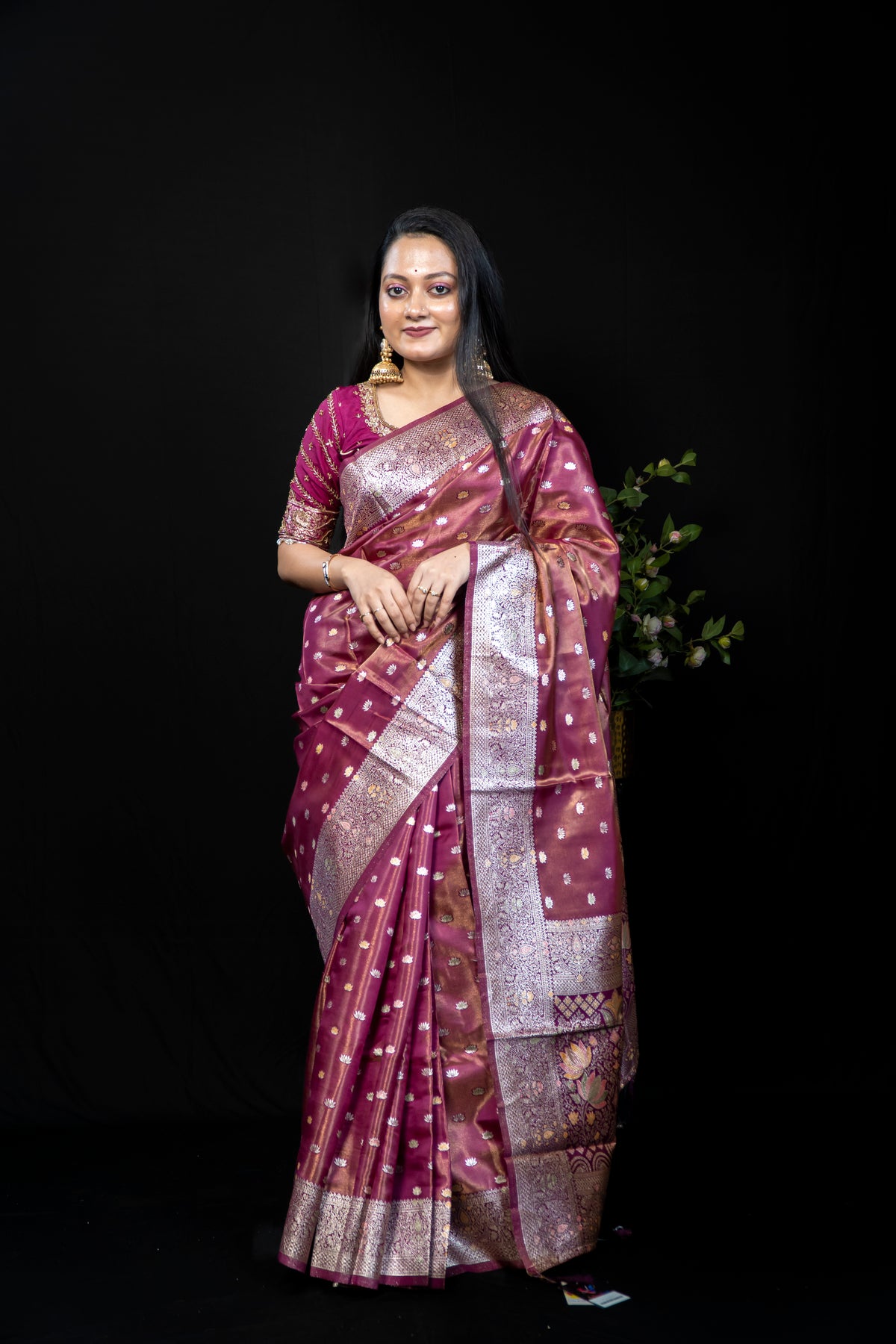 Tissue finish Banarasi Silk Saree with Multicolour Lotus Booti & Zari Border