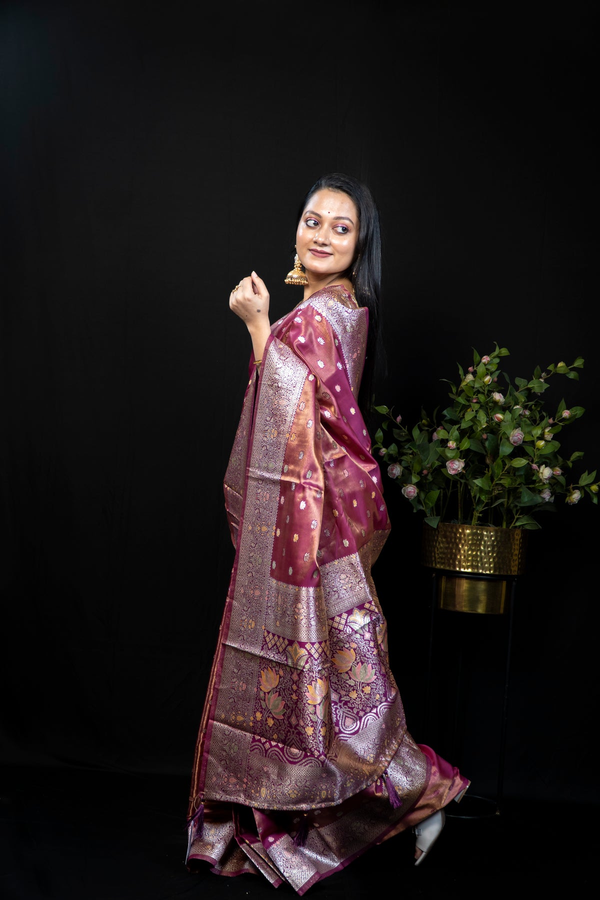 Tissue finish Banarasi Silk Saree with Multicolour Lotus Booti & Zari Border