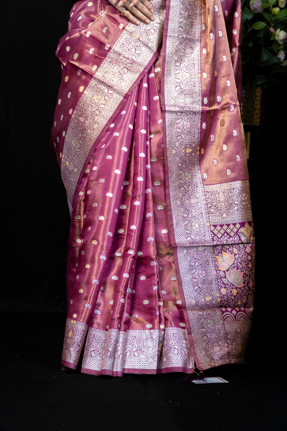 Tissue finish Banarasi Silk Saree with Multicolour Lotus Booti & Zari Border
