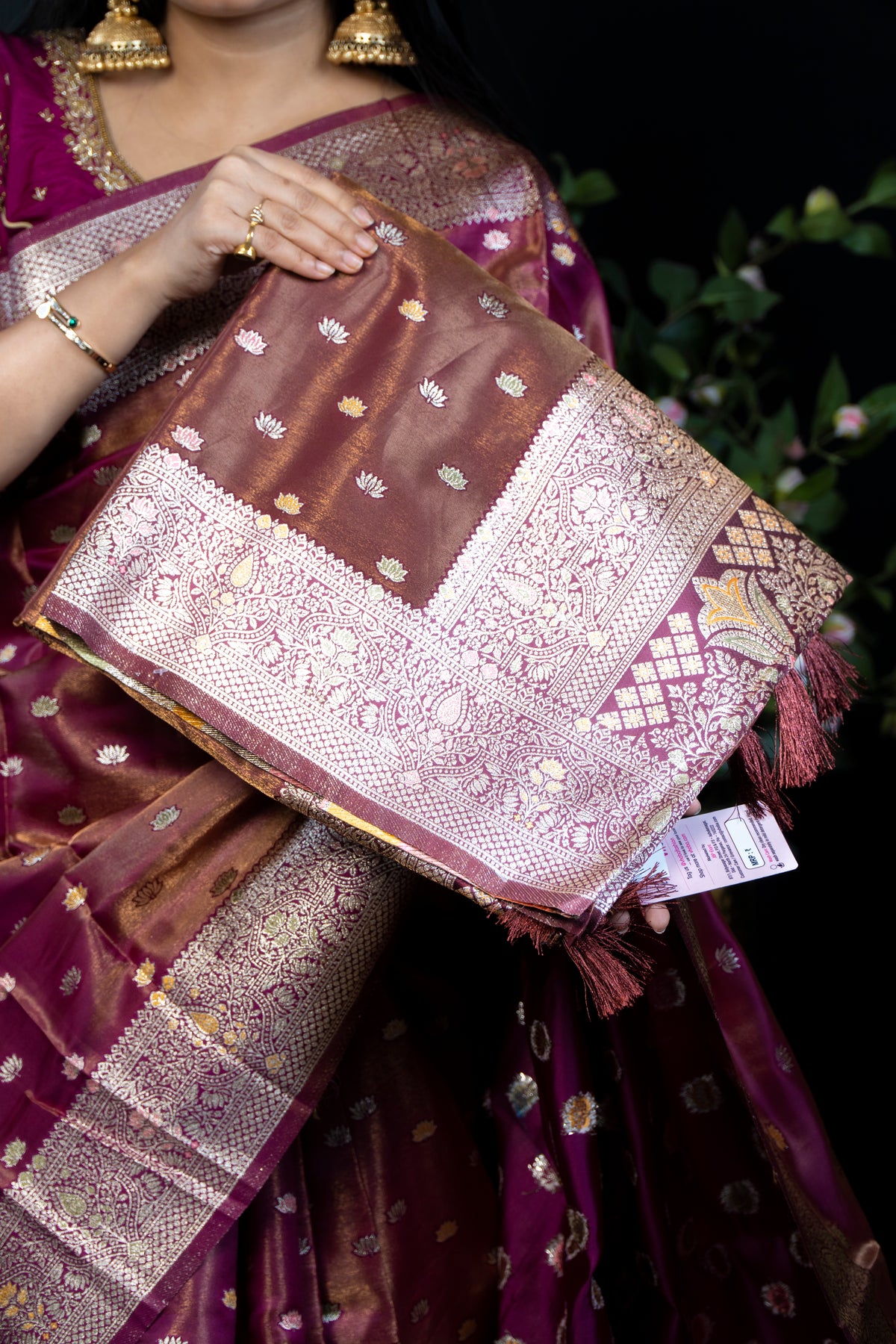 Tissue finish Banarasi Silk Saree with Multicolour Lotus Booti & Zari Border