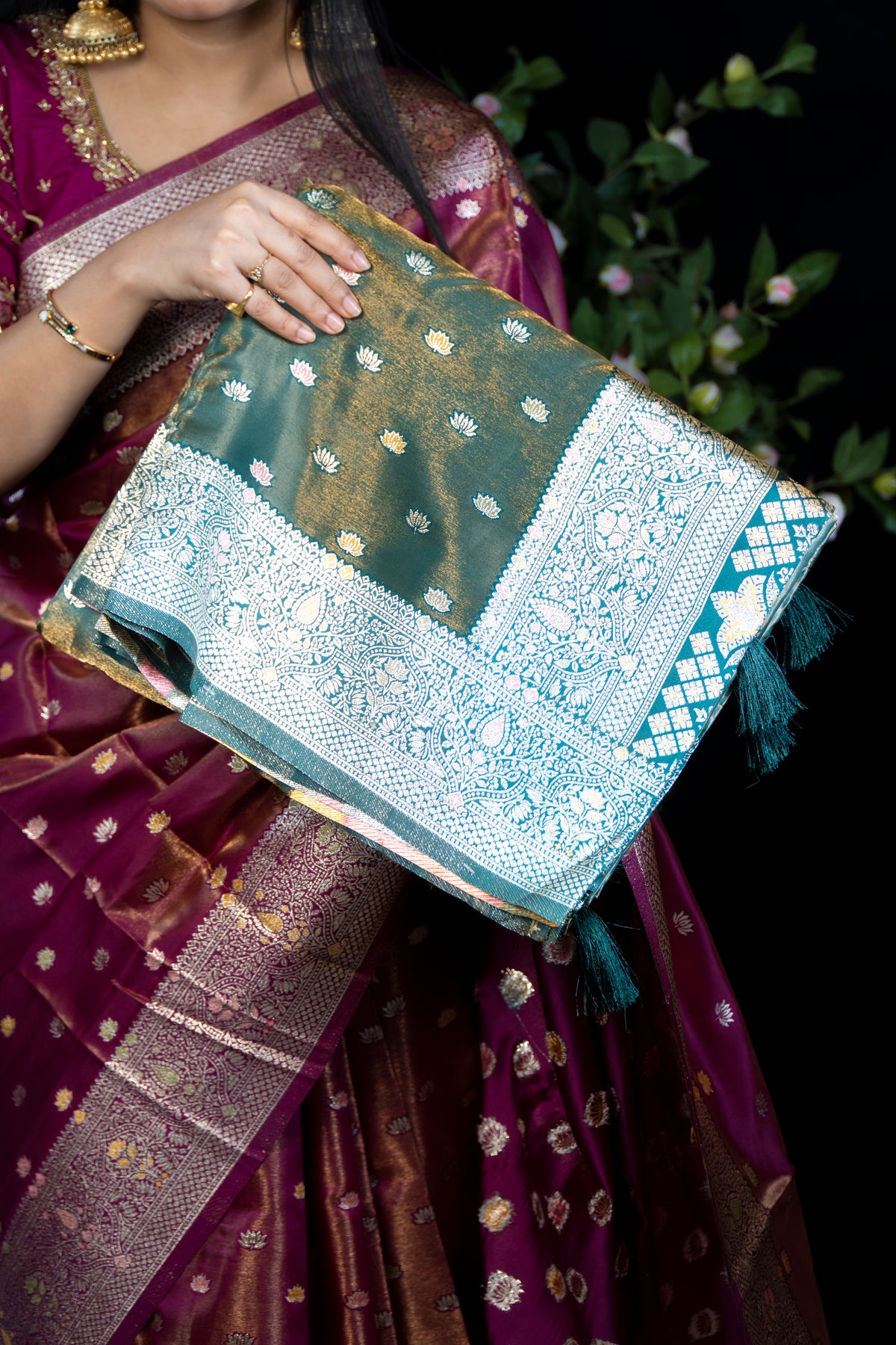 Tissue finish Banarasi Silk Saree with Multicolour Lotus Booti & Zari Border