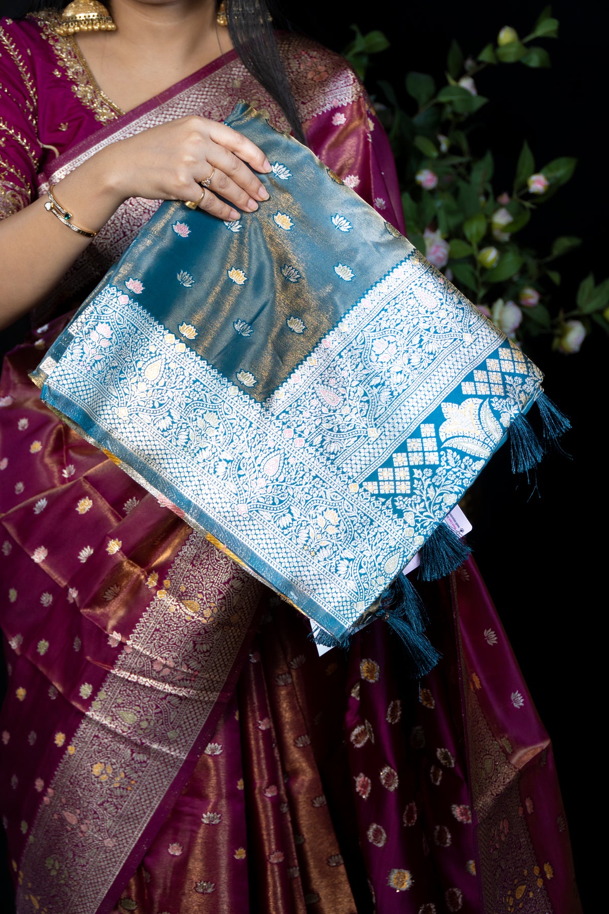 Tissue finish Banarasi Silk Saree with Multicolour Lotus Booti & Zari Border