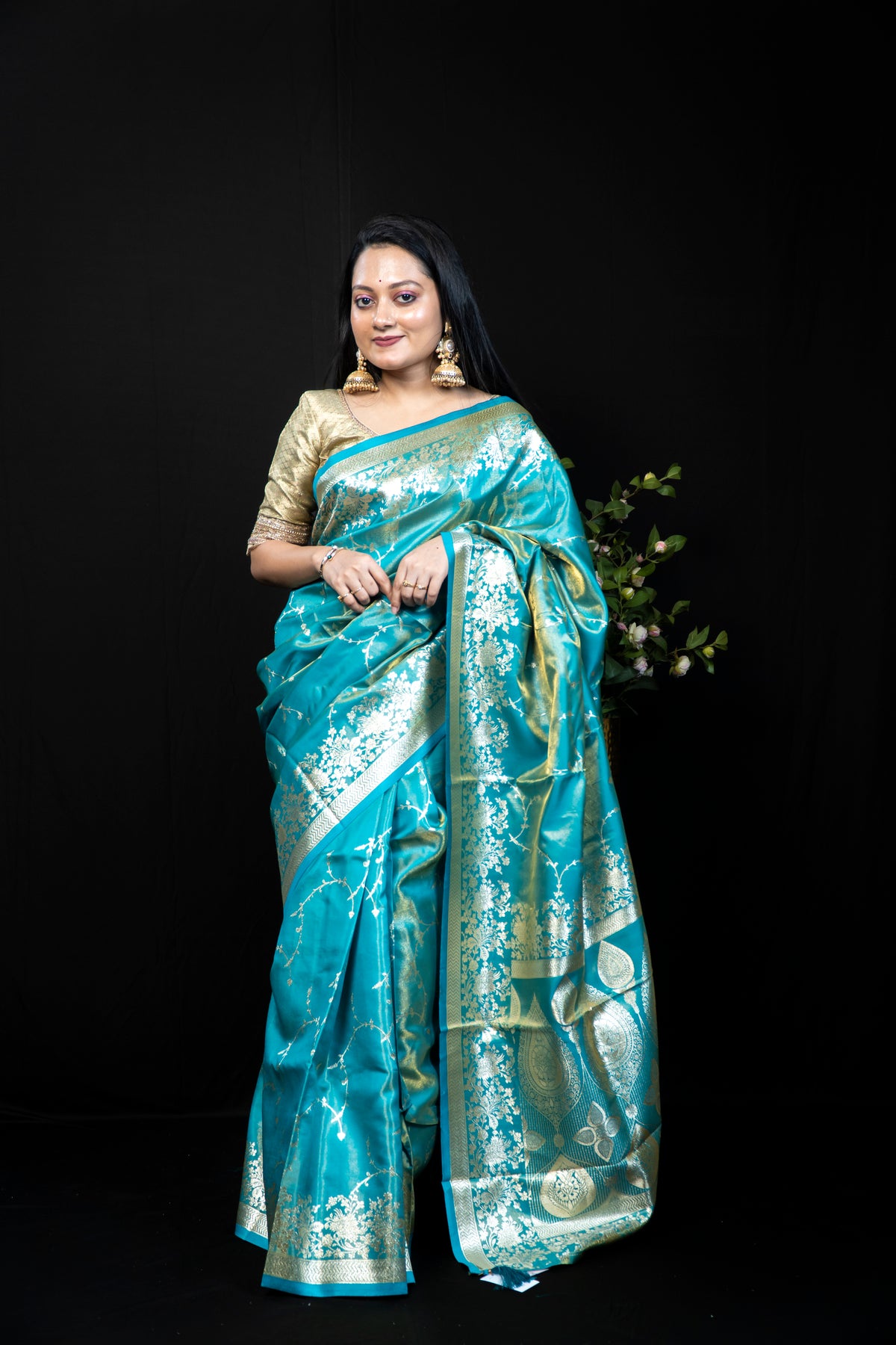 Jaal Tissue Banarasi-Style Silk Saree with Gold Zari Weave