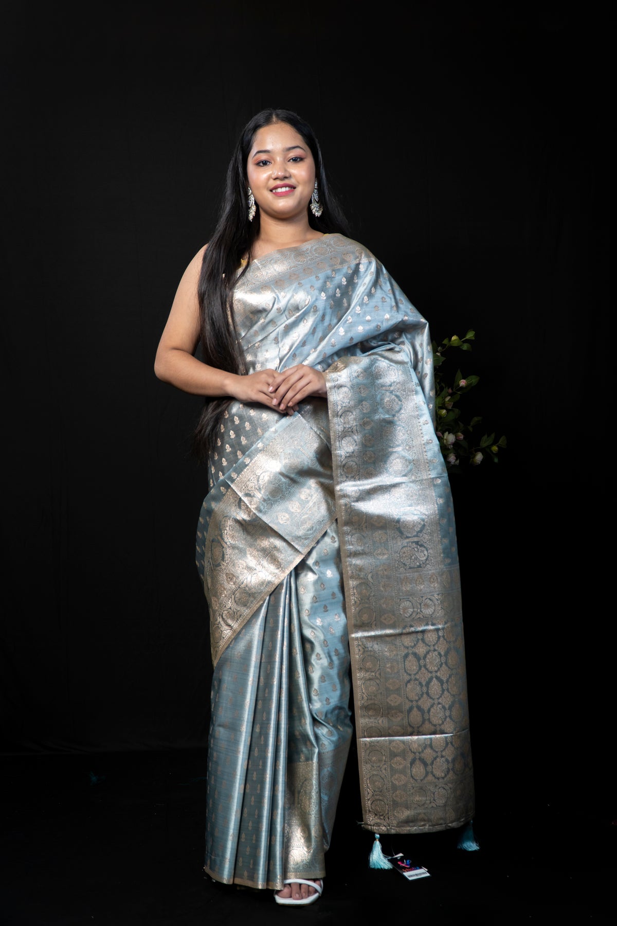 Tissue Satin Silk Saree & Satin Blouse Piece with Zari Border Detail