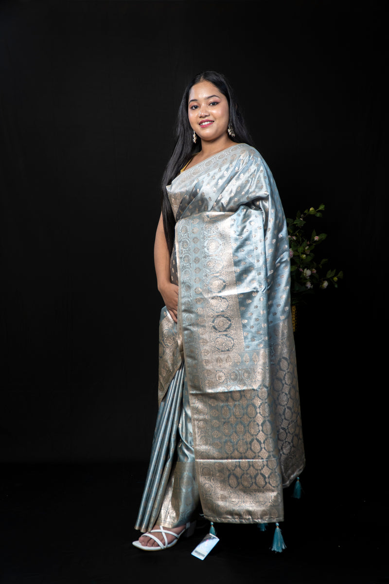 Tissue Satin Silk Saree & Satin Blouse Piece with Zari Border Detail