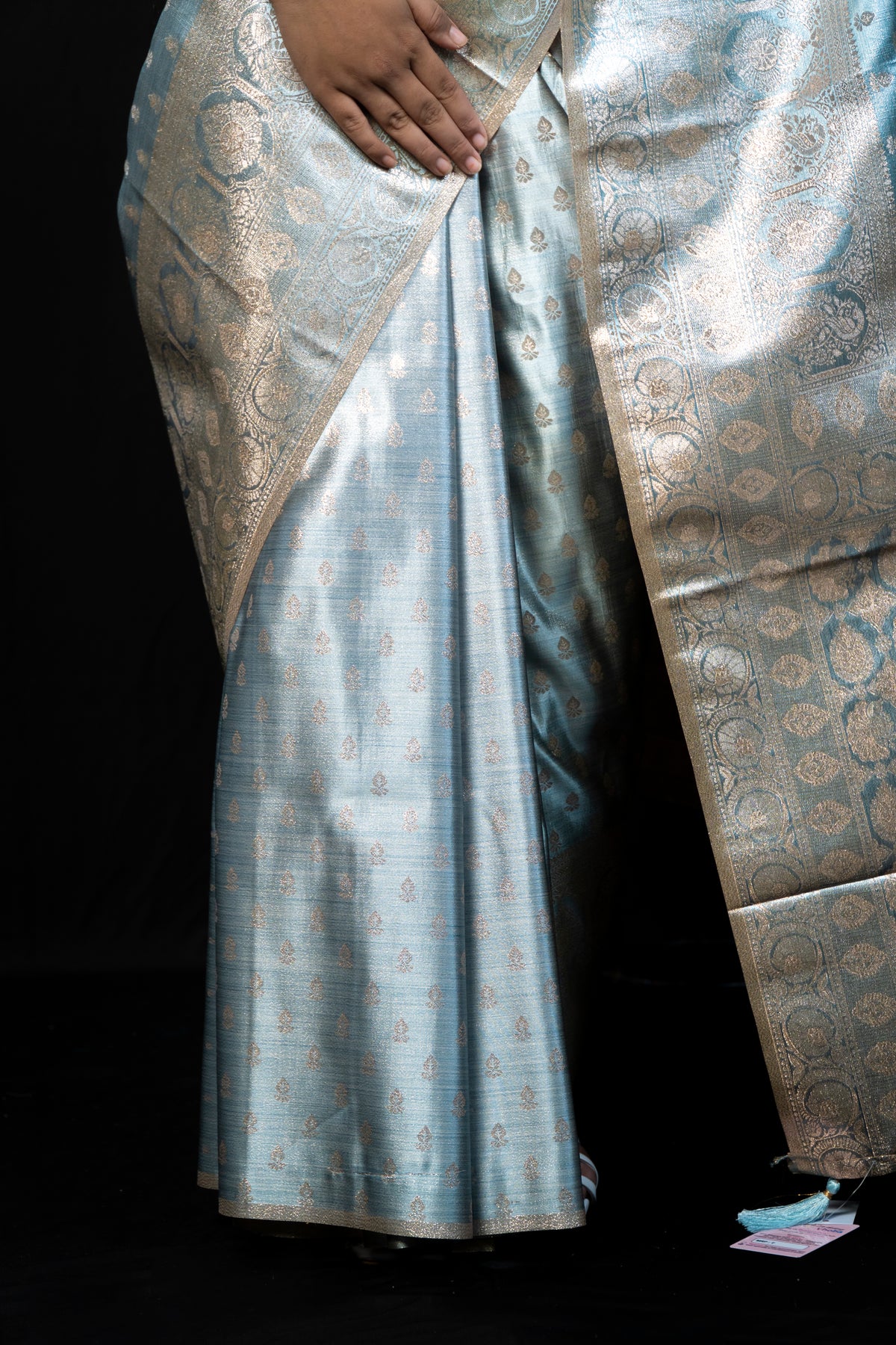 Tissue Satin Silk Saree & Satin Blouse Piece with Zari Border Detail