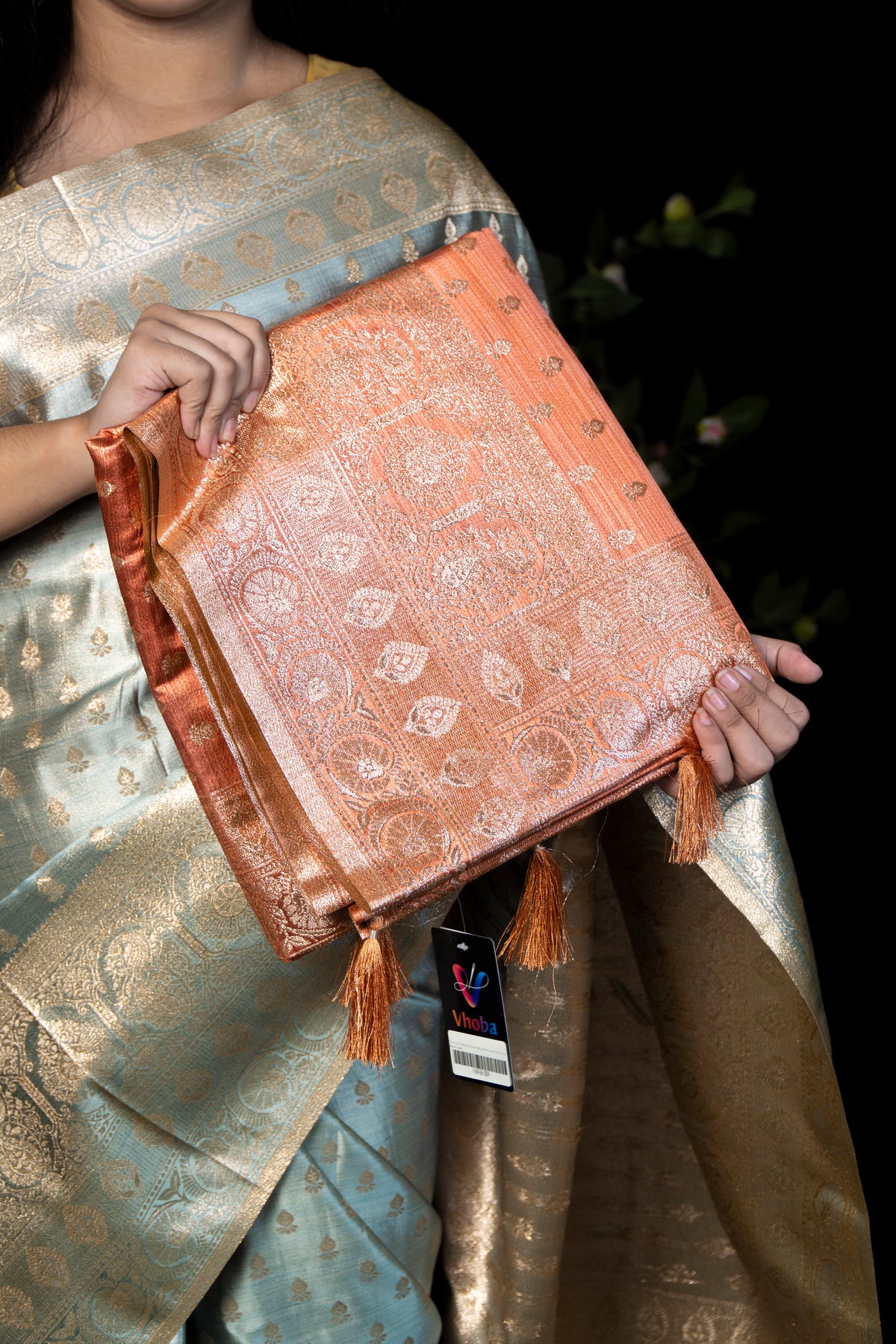 Tissue Satin Silk Saree & Satin Blouse Piece with Zari Border Detail