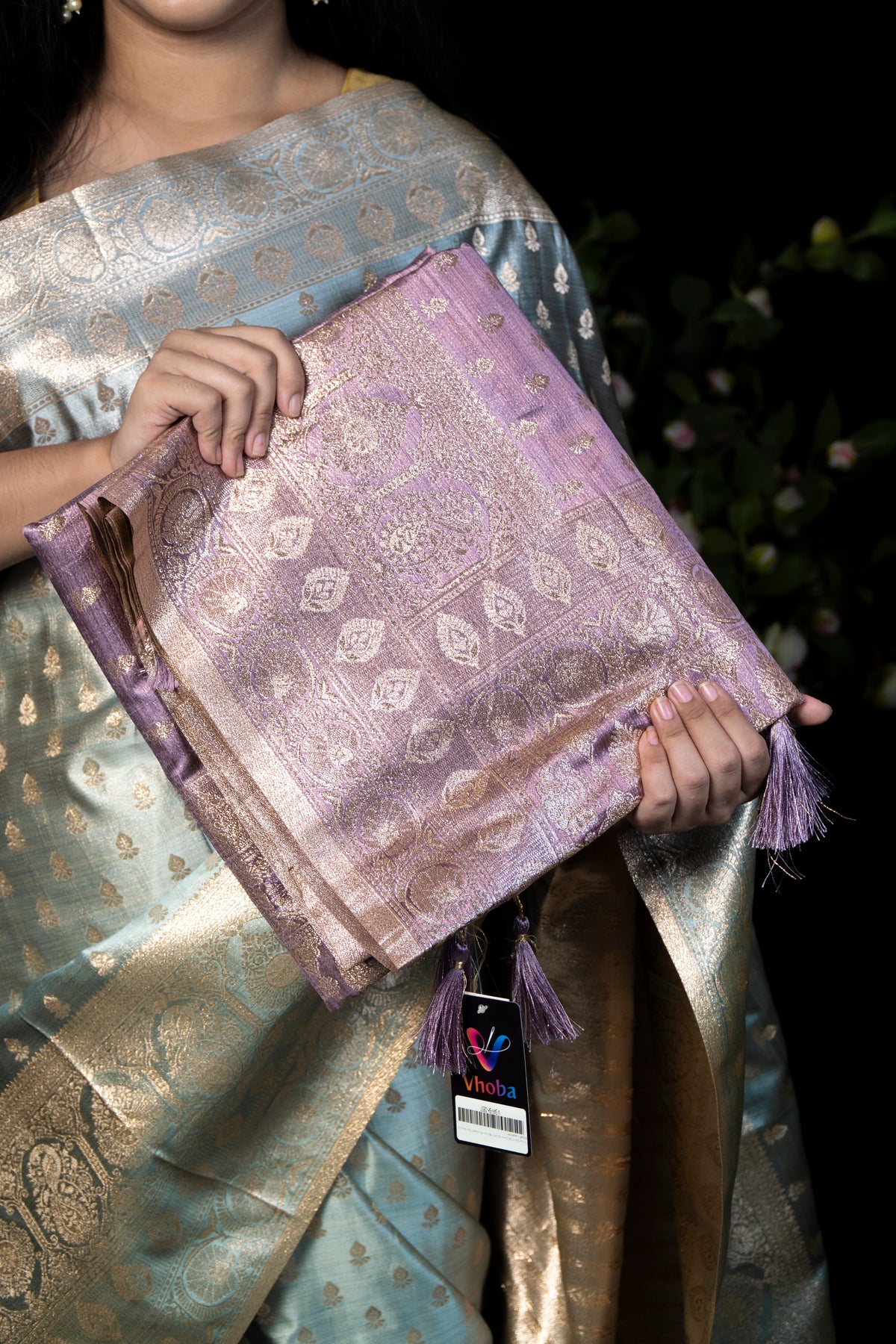 Tissue Satin Silk Saree & Satin Blouse Piece with Zari Border Detail