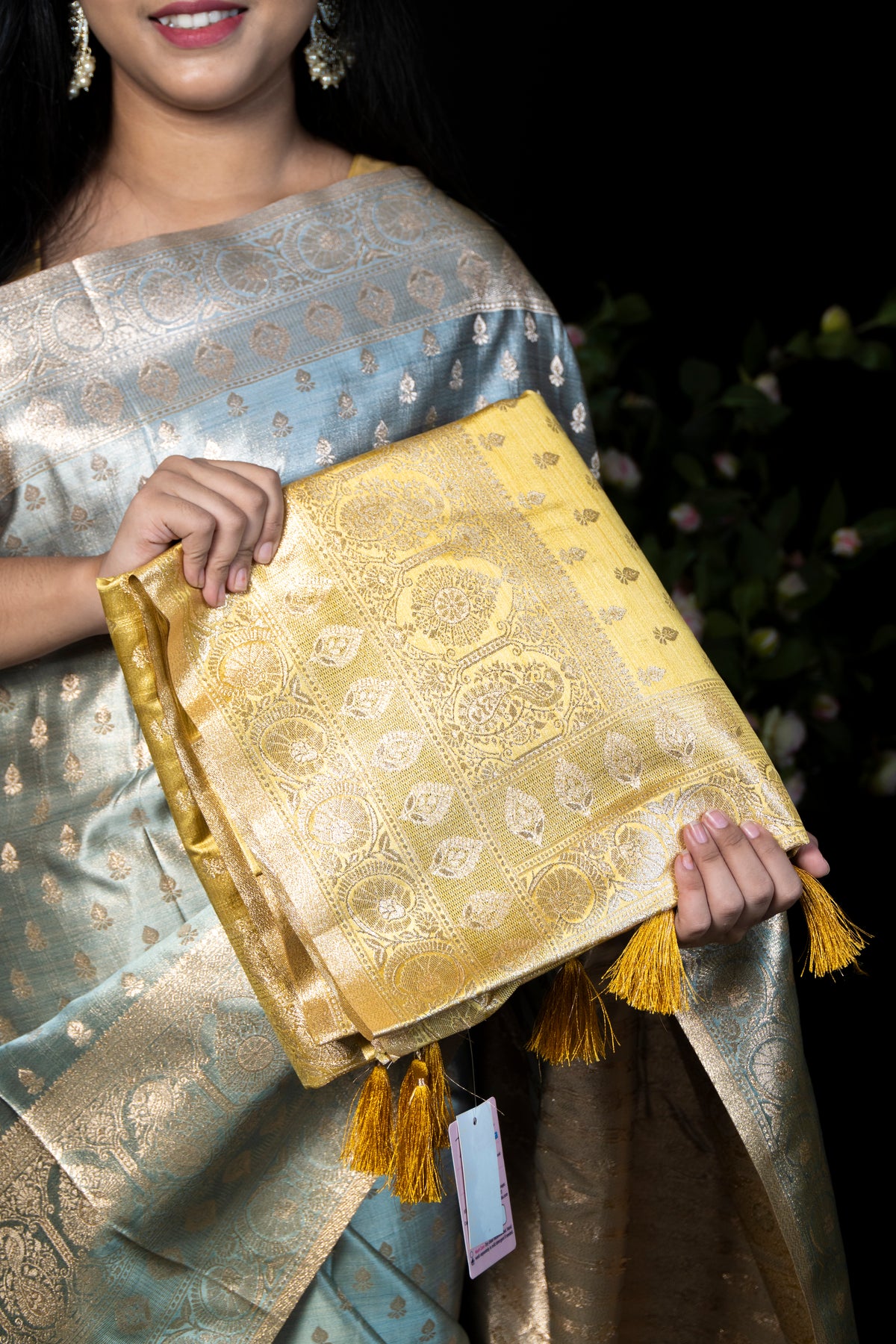 Tissue Satin Silk Saree & Satin Blouse Piece with Zari Border Detail
