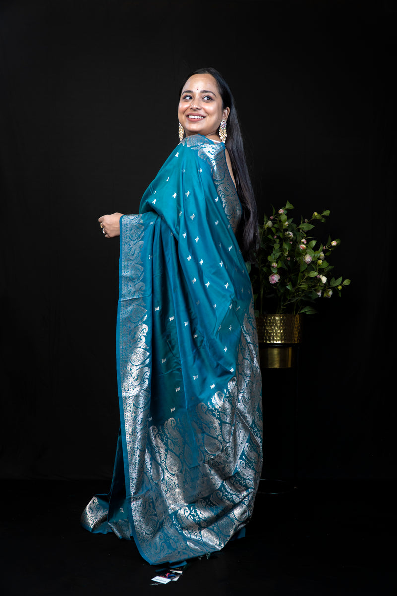 Dual-Tone Katan Silk Saree with Gold Banarasi Zari work Open Border