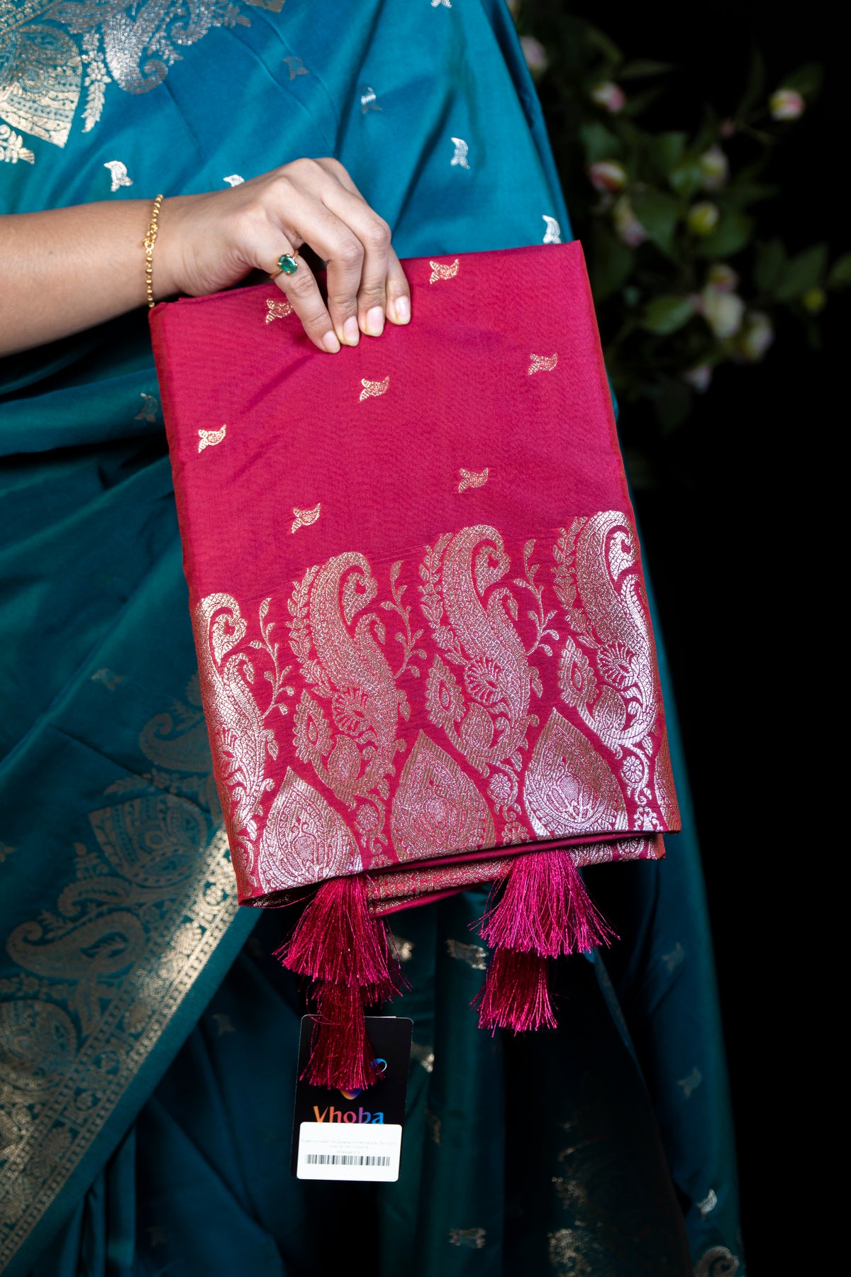 Dual-Tone Katan Silk Saree with Gold Banarasi Zari work Open Border
