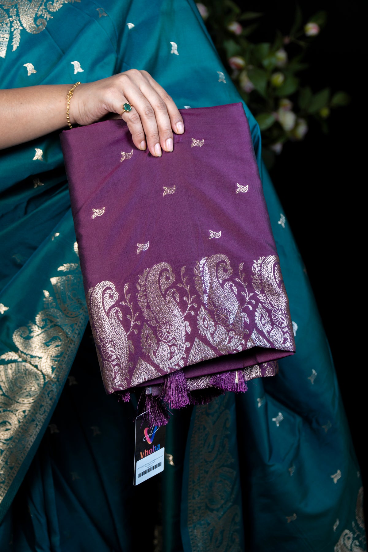 Dual-Tone Katan Silk Saree with Gold Banarasi Zari work Open Border