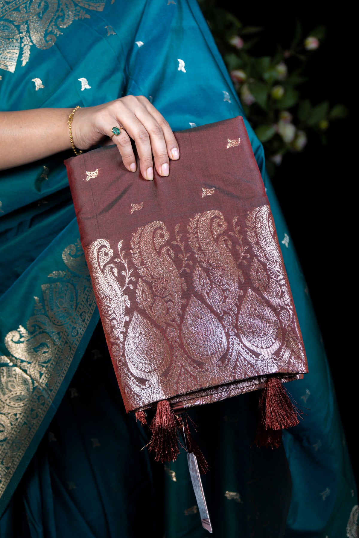 Dual-Tone Katan Silk Saree with Gold Banarasi Zari work Open Border