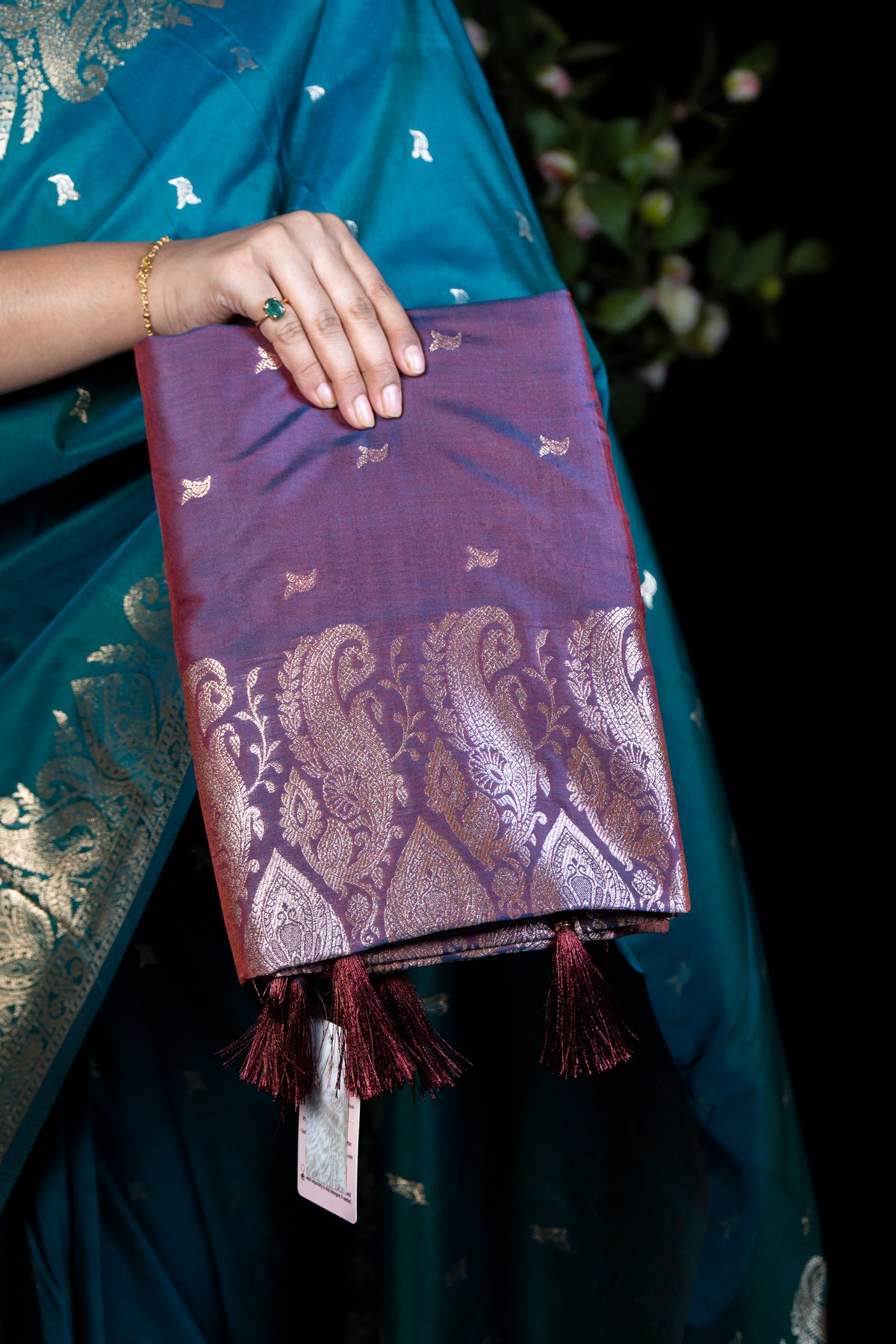 Dual-Tone Katan Silk Saree with Gold Banarasi Zari work Open Border