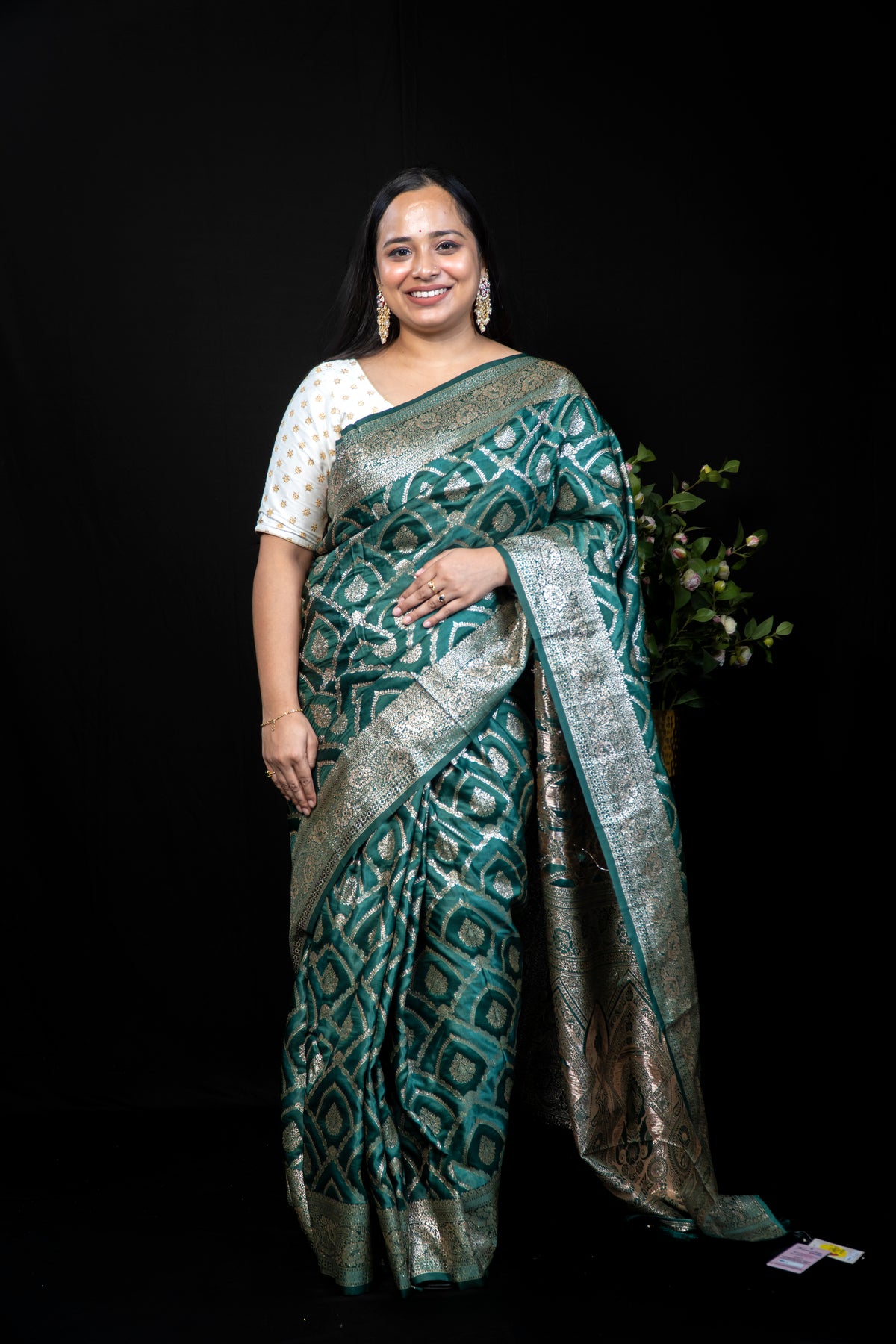 Intricate Zari Woven satin Silk Saree with Rich Gold Brocade Border