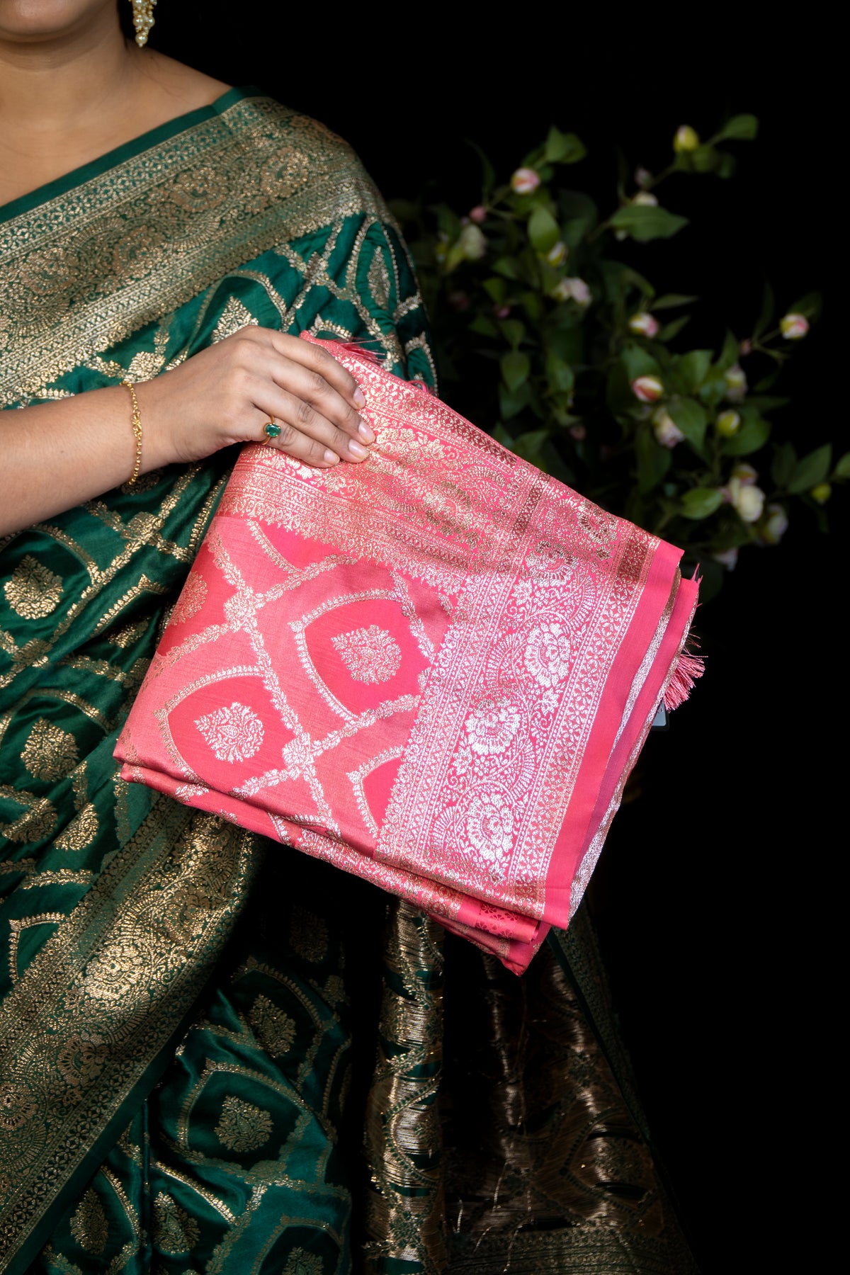 Intricate Zari Woven satin Silk Saree with Rich Gold Brocade Border