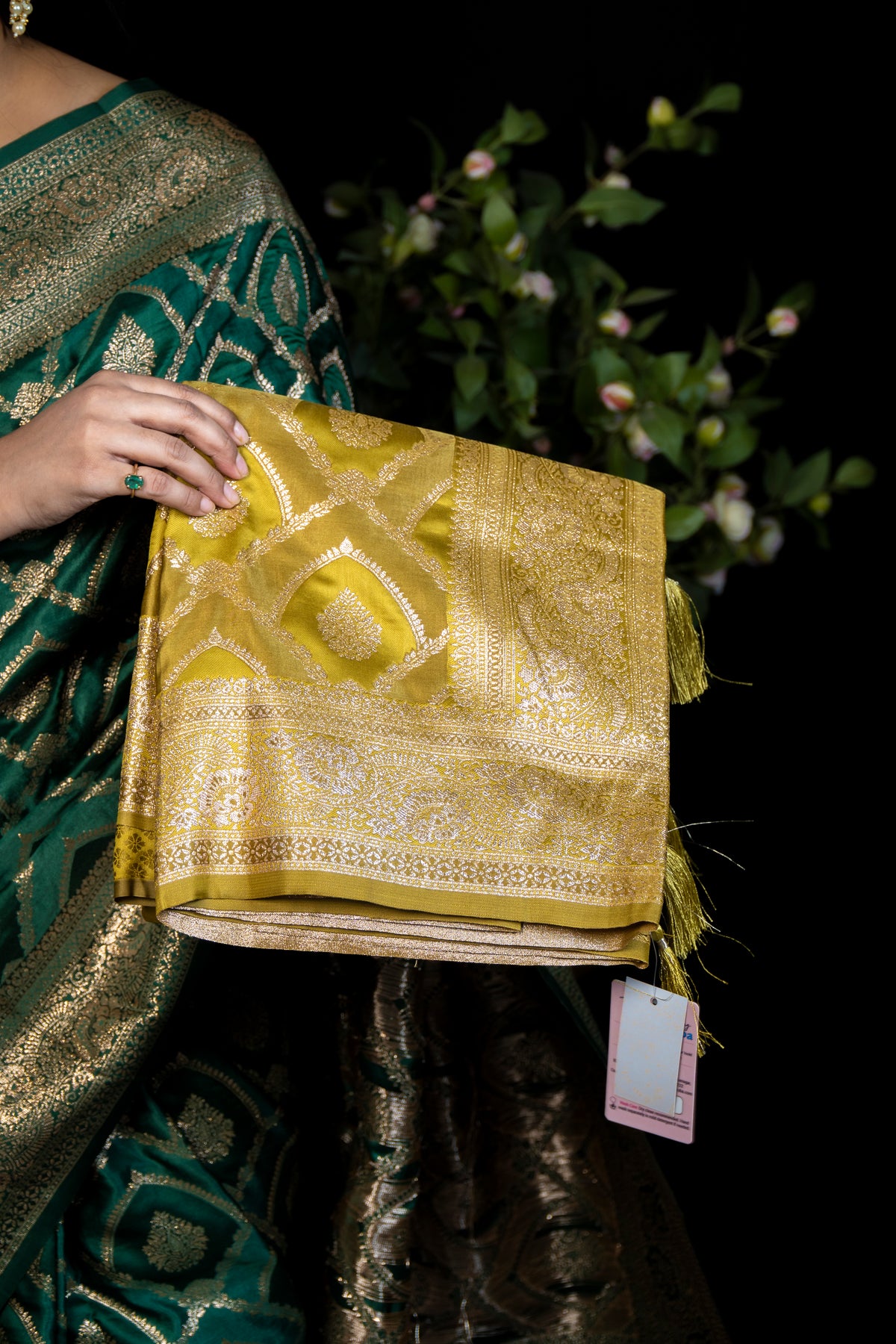 Intricate Zari Woven satin Silk Saree with Rich Gold Brocade Border