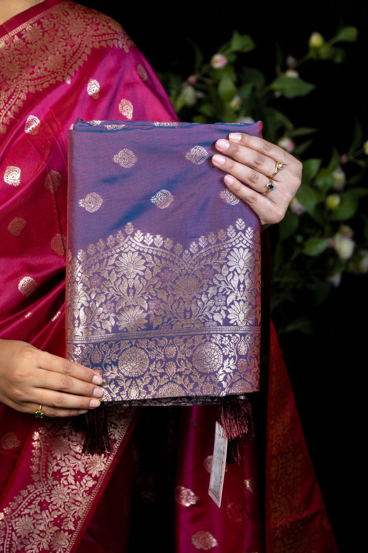 Dual-Tone Silk Saree with Dense Gold Zari Floral Weave