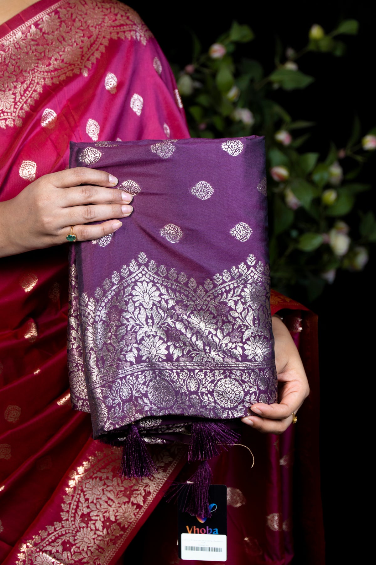Dual-Tone Silk Saree with Dense Gold Zari Floral Weave