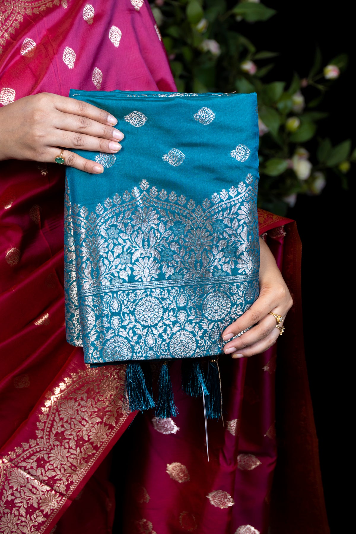 Dual-Tone Silk Saree with Dense Gold Zari Floral Weave