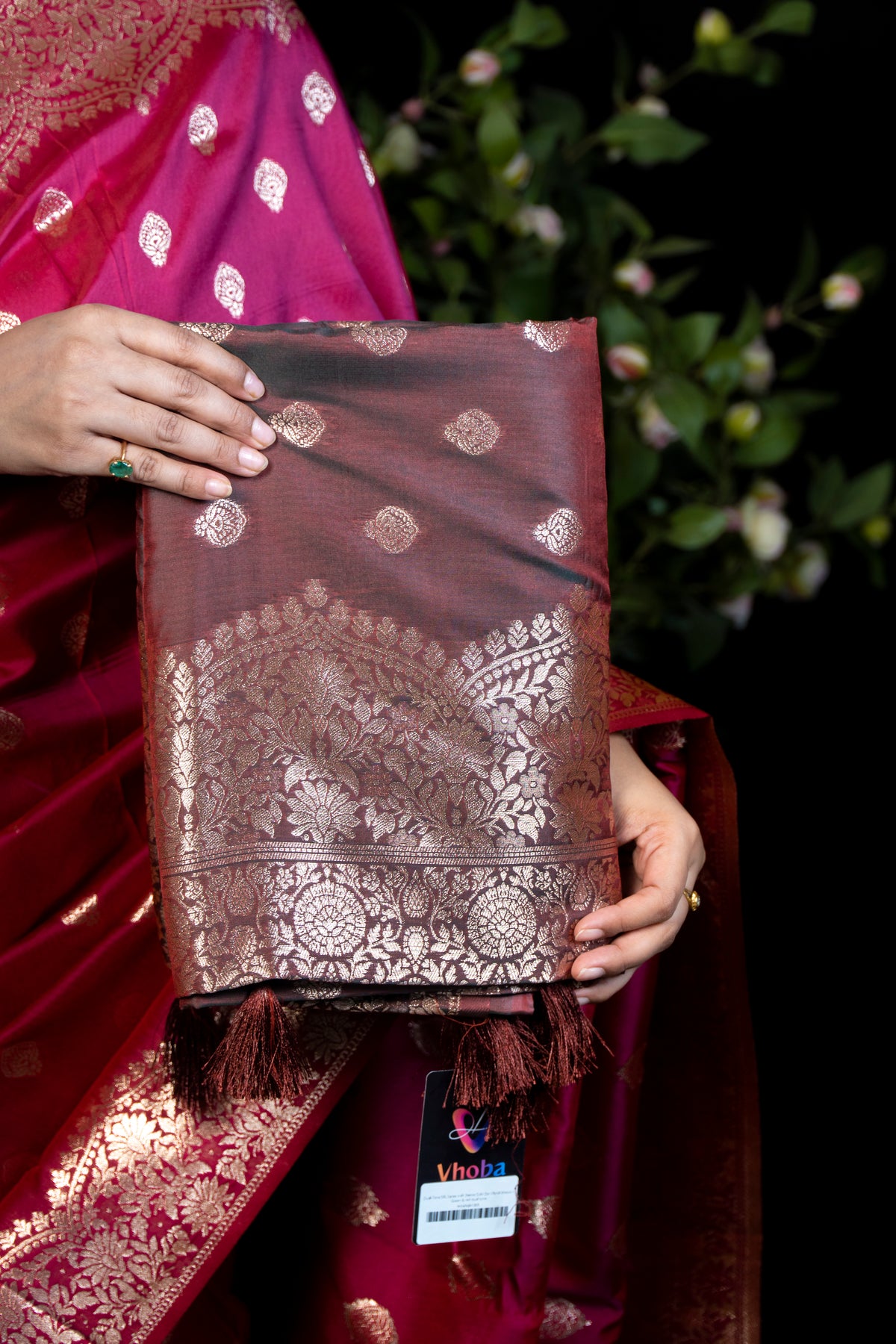 Dual-Tone Silk Saree with Dense Gold Zari Floral Weave
