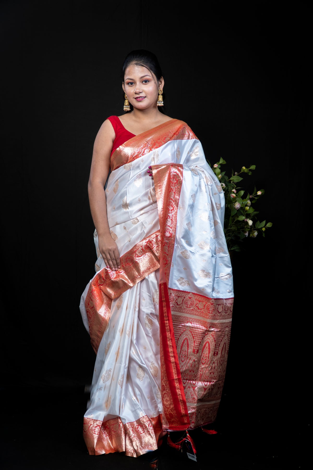White & Red Pooja Festival Satin Silk Saree with Blouse Piece