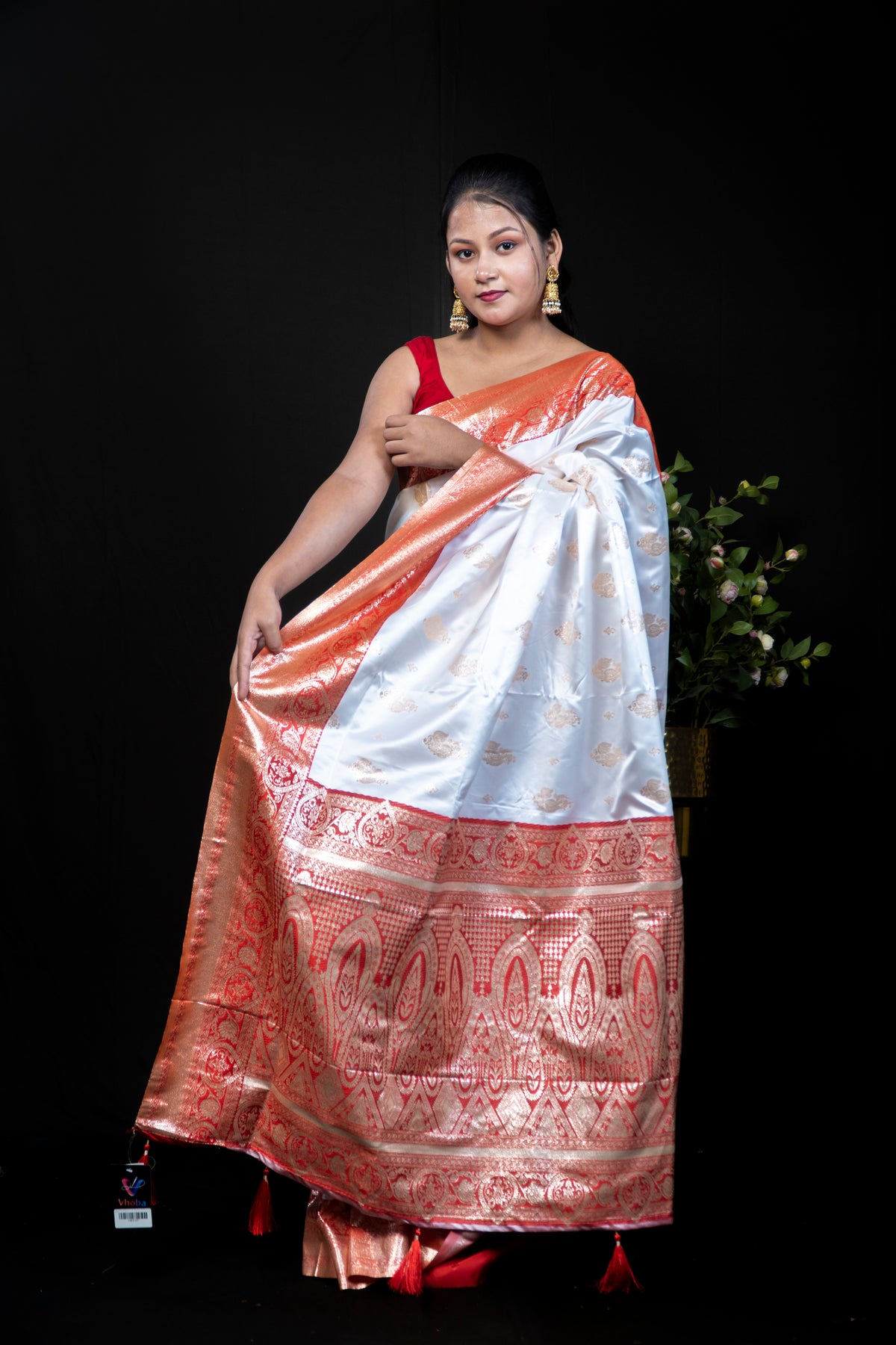 White & Red Pooja Festival Satin Silk Saree with Blouse Piece