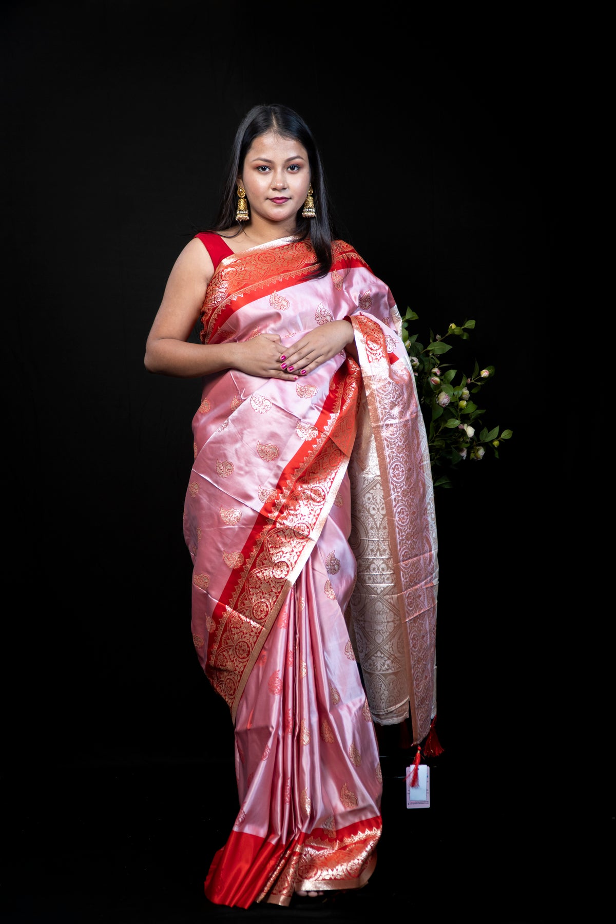 Blush Pink & Gold Pooja Festival Satin Silk Saree with Blouse Piece