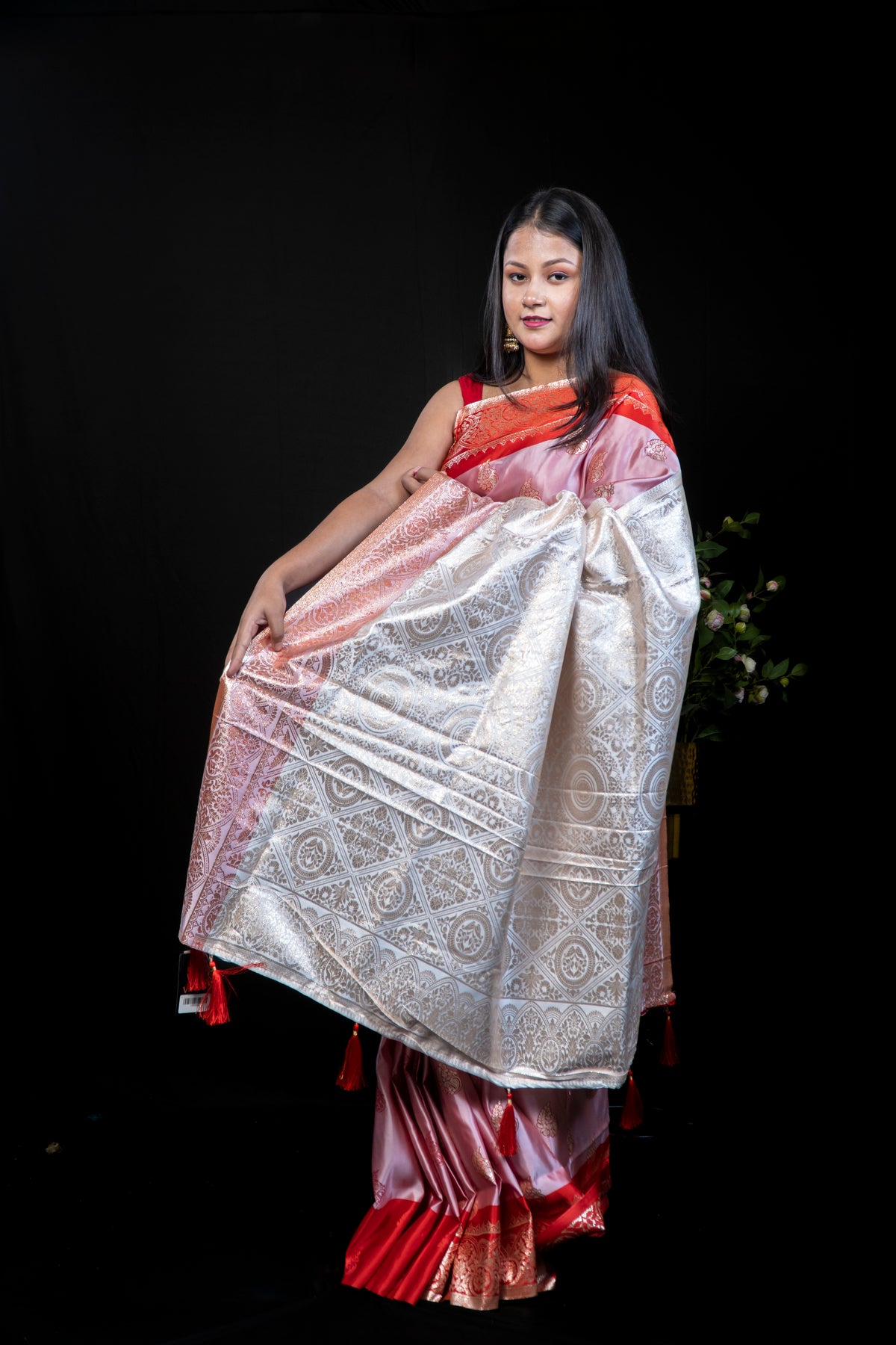 Blush Pink & Gold Pooja Festival Satin Silk Saree with Blouse Piece