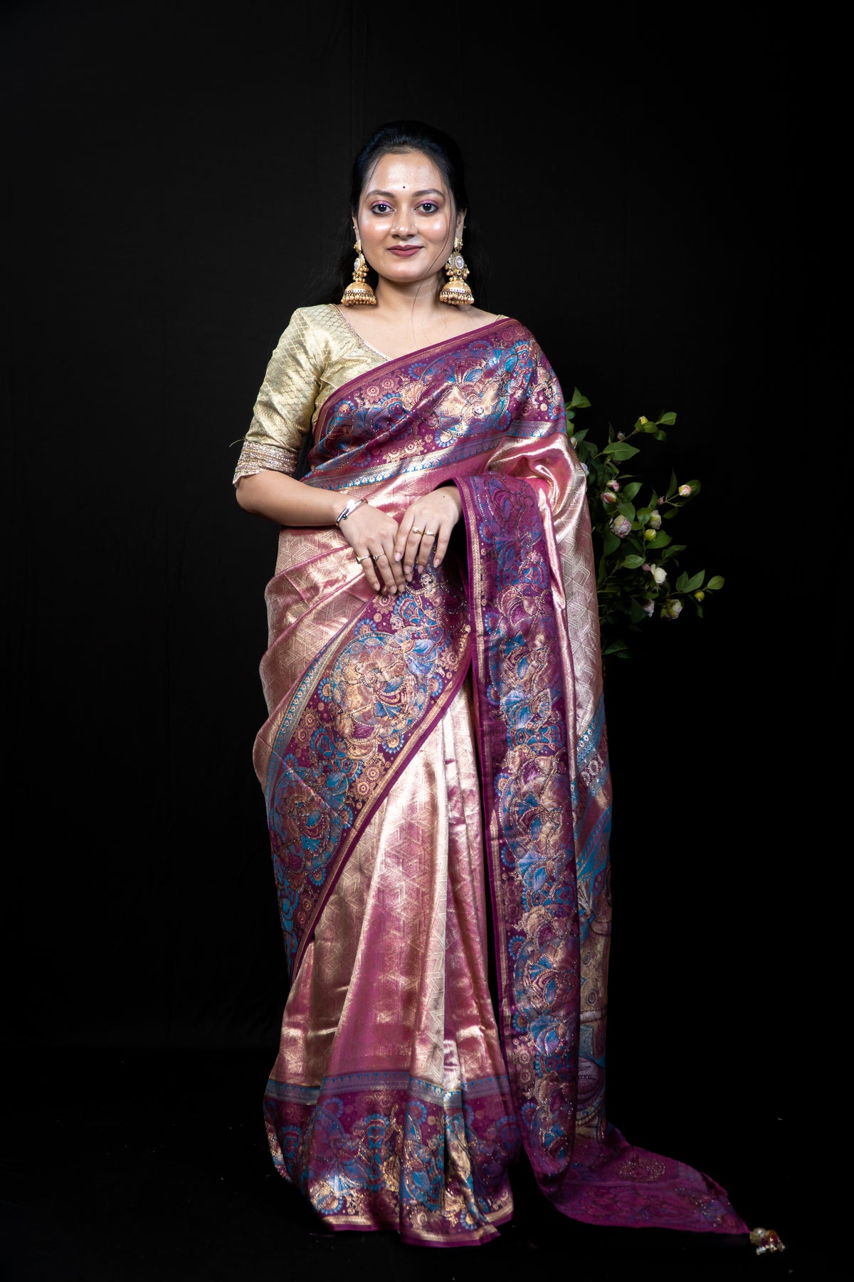 Tissue Kanjivaram Silk Saree with Pictorial Pallu Weave & Fancy Swarovski Work